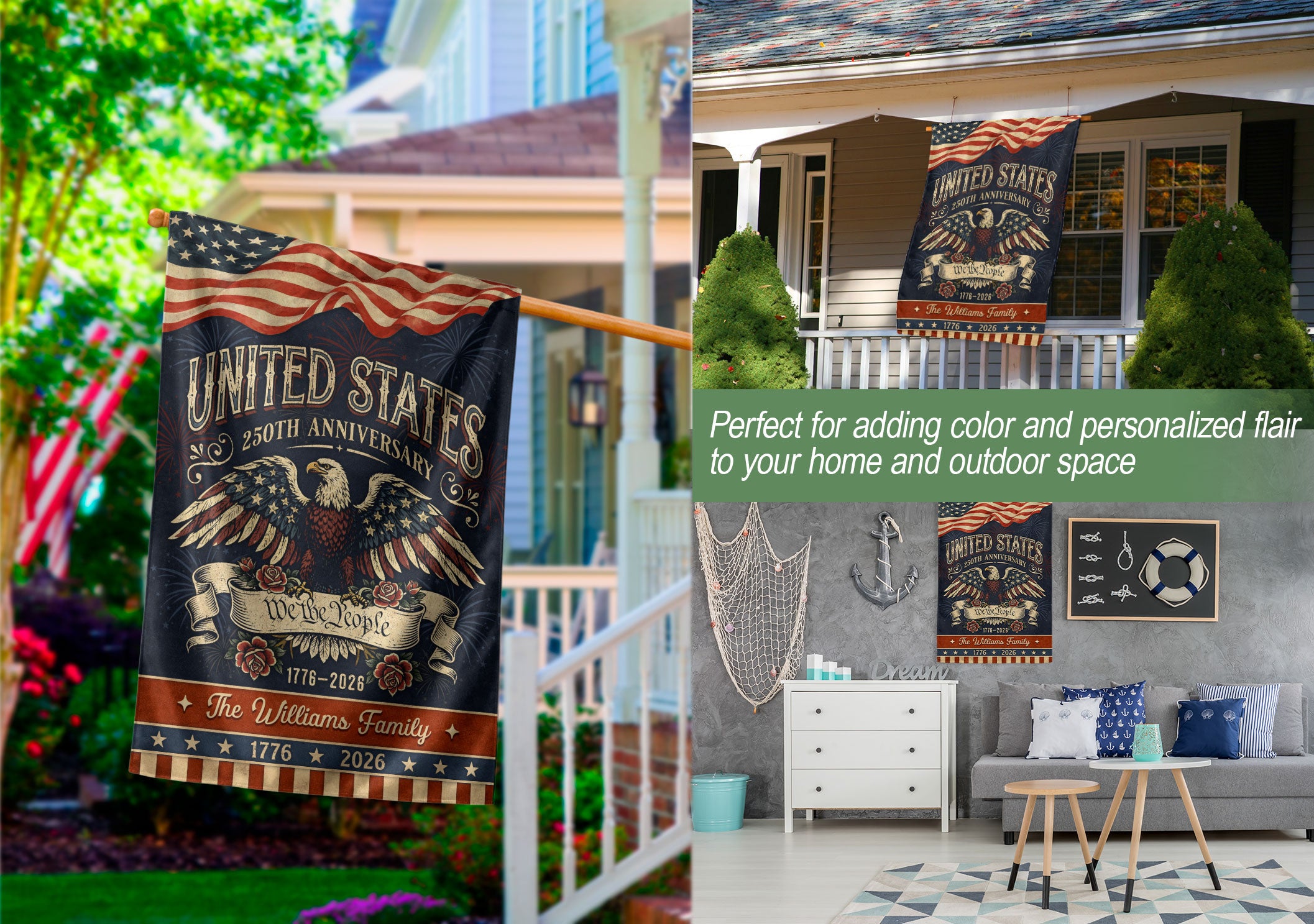 Personalized Patriotic Garden Banner – 250 Years of the USA Featuring Eagle & “We the People” (1776–2026)