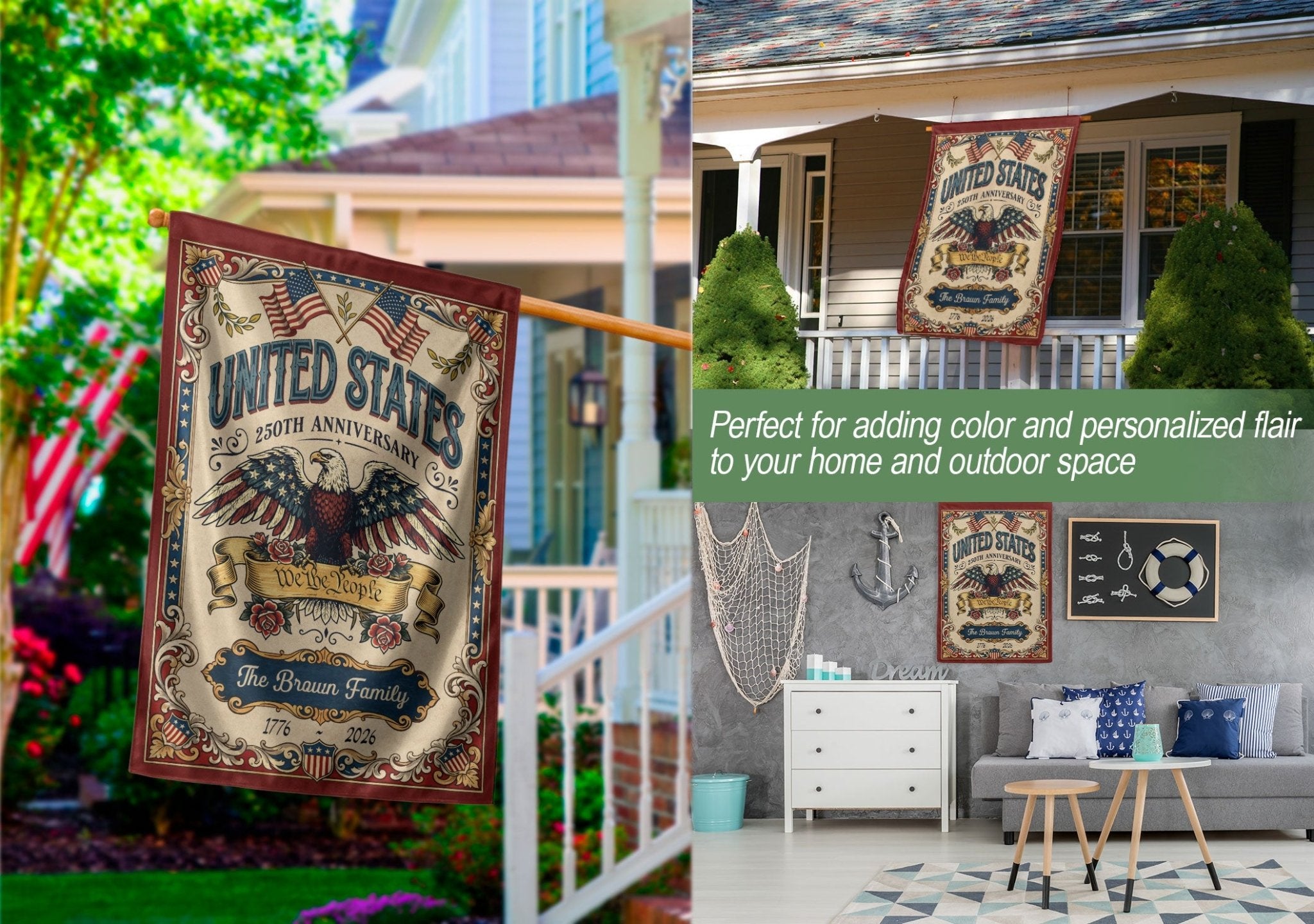 Personalized Independence 250 Garden Flag – American Eagle & “We the People” Design with Custom Name (1776–2026) - Rust Field Wear