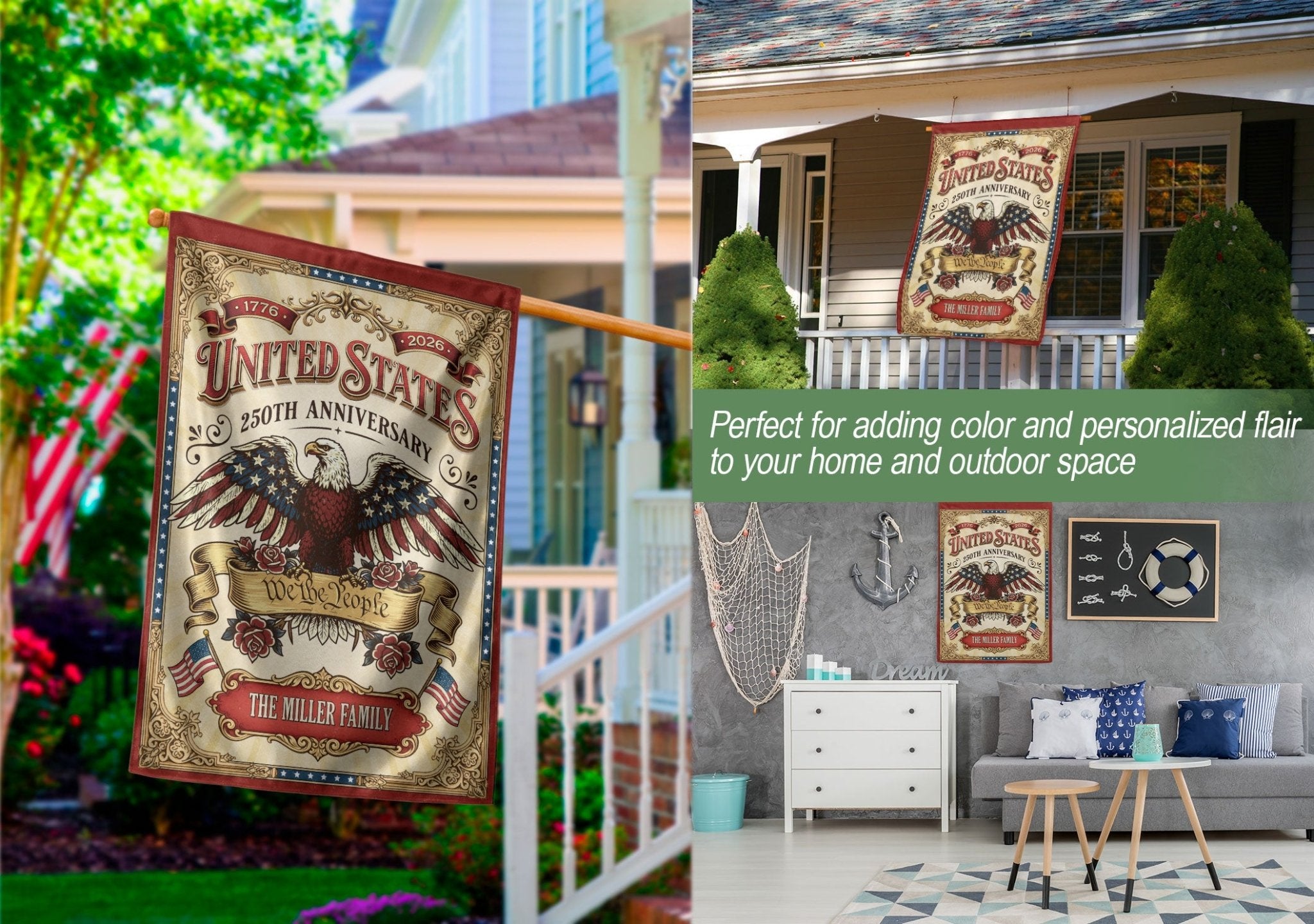 United States 250th Anniversary Garden Flag Custom Family Name - Patriotic Eagle Heritage Banner - Rust Field Wear