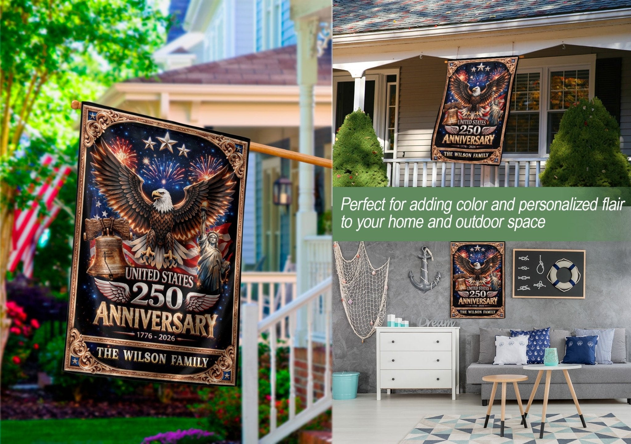 Personalized American Heritage Garden Flag – 250-Year Celebration with Eagle, Liberty Bell & Statue Design (1776–2026) - Rust Field Wear