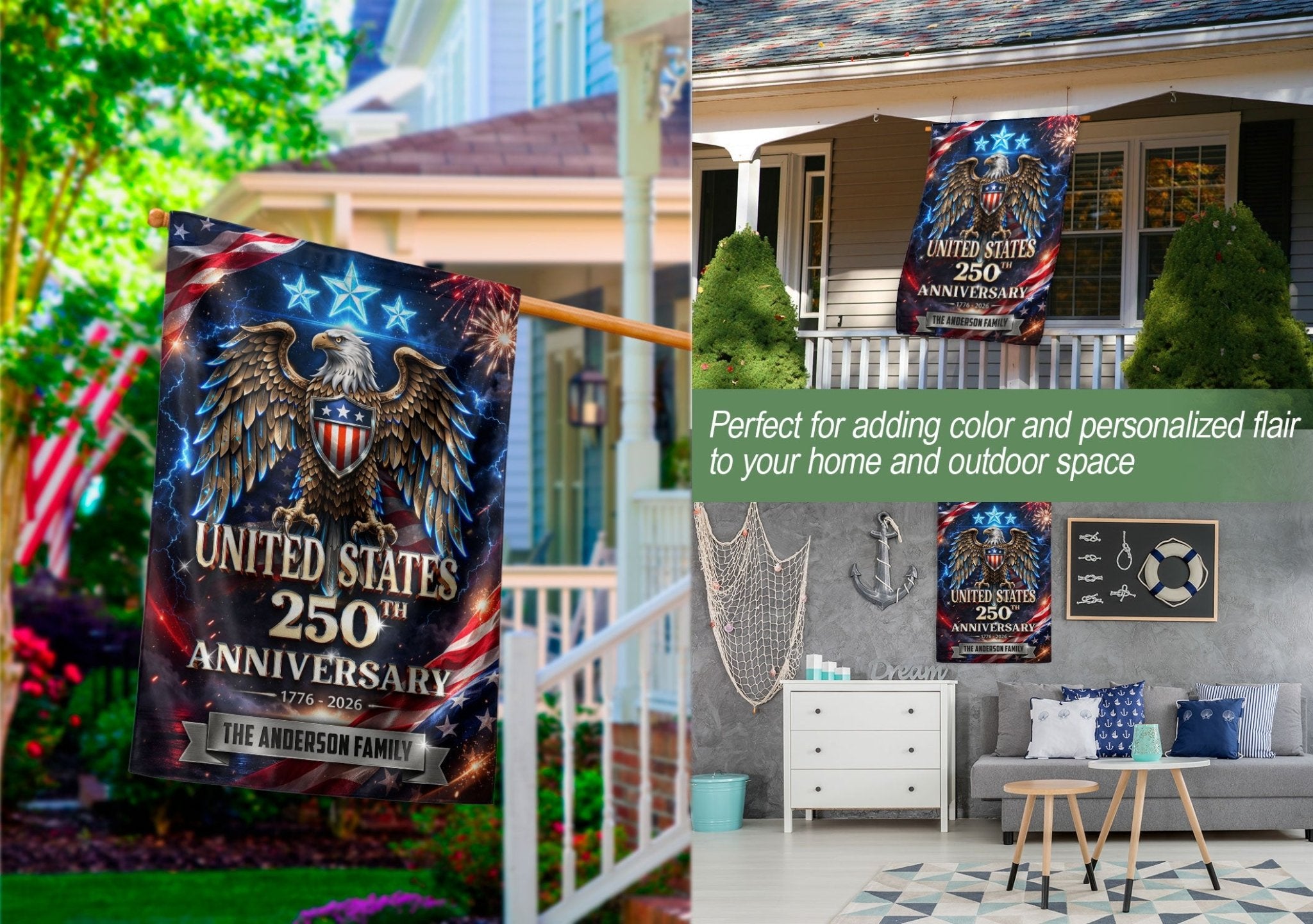 250th Anniversary USA Garden Flag – Custom Family Name with Eagle & Stars 1776-2026 - Rust Field Wear