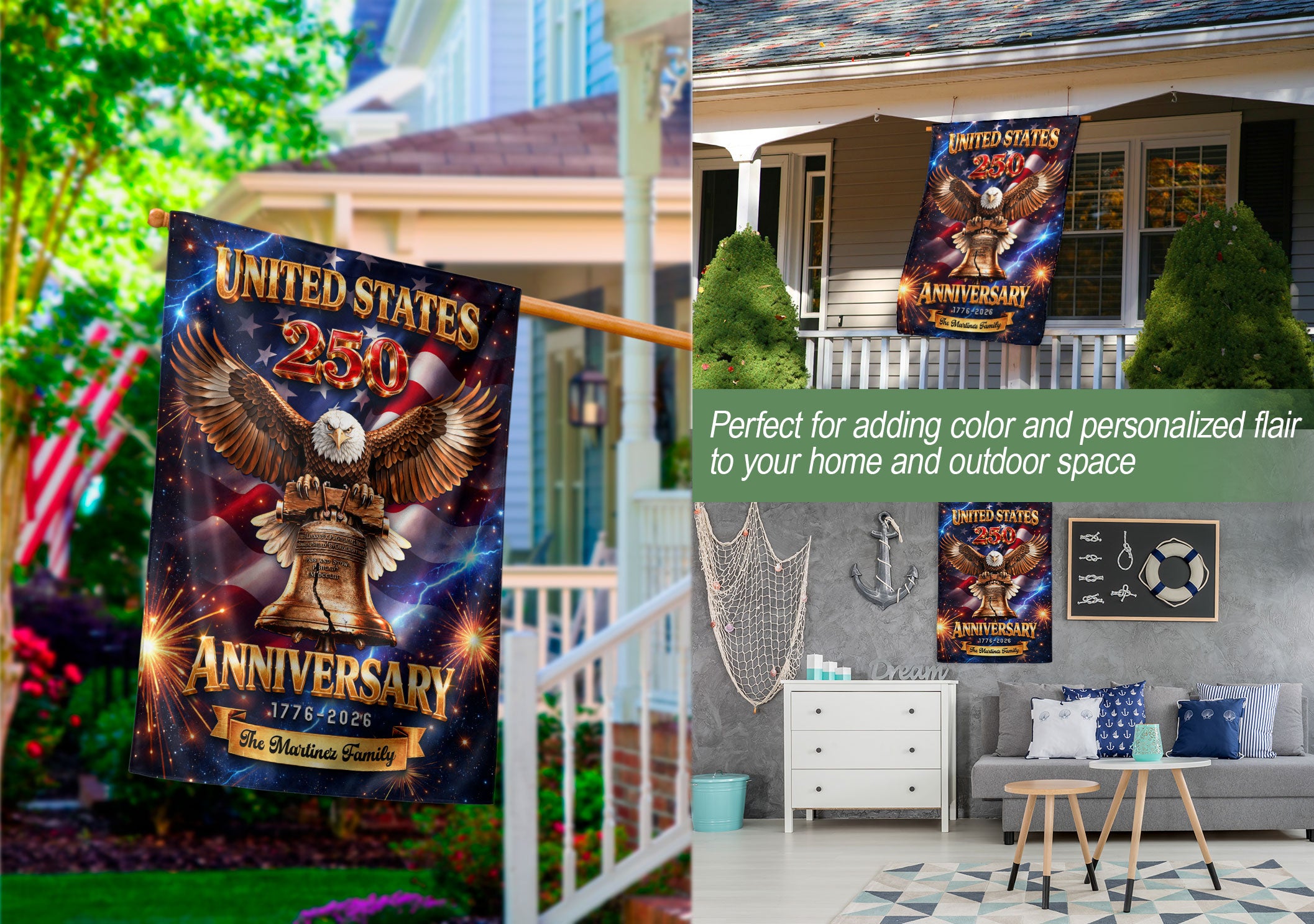 Personalized American Celebration Garden Flag – 250-Year Commemorative Design with Eagle & Liberty Bell (1776–2026)