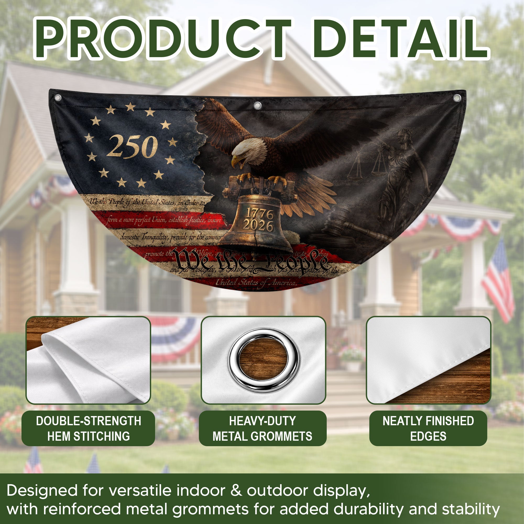 250 Years Liberty Bell Fence Flag Patriotic Bald Eagle - We The People Outdoor Banner