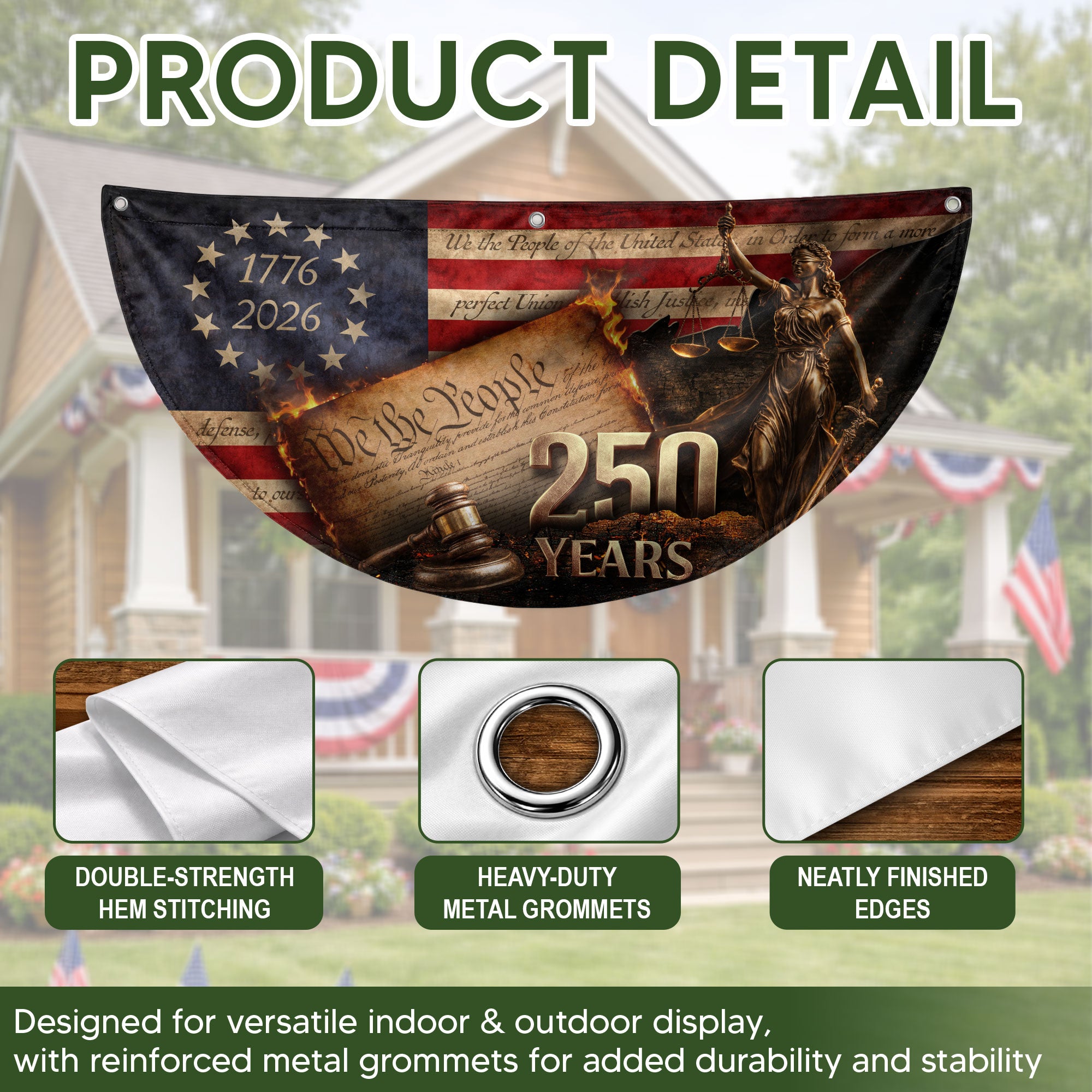 250 Years Lady Justice Fence Flag Patriotic 1776-2026 - We The People Outdoor Banner