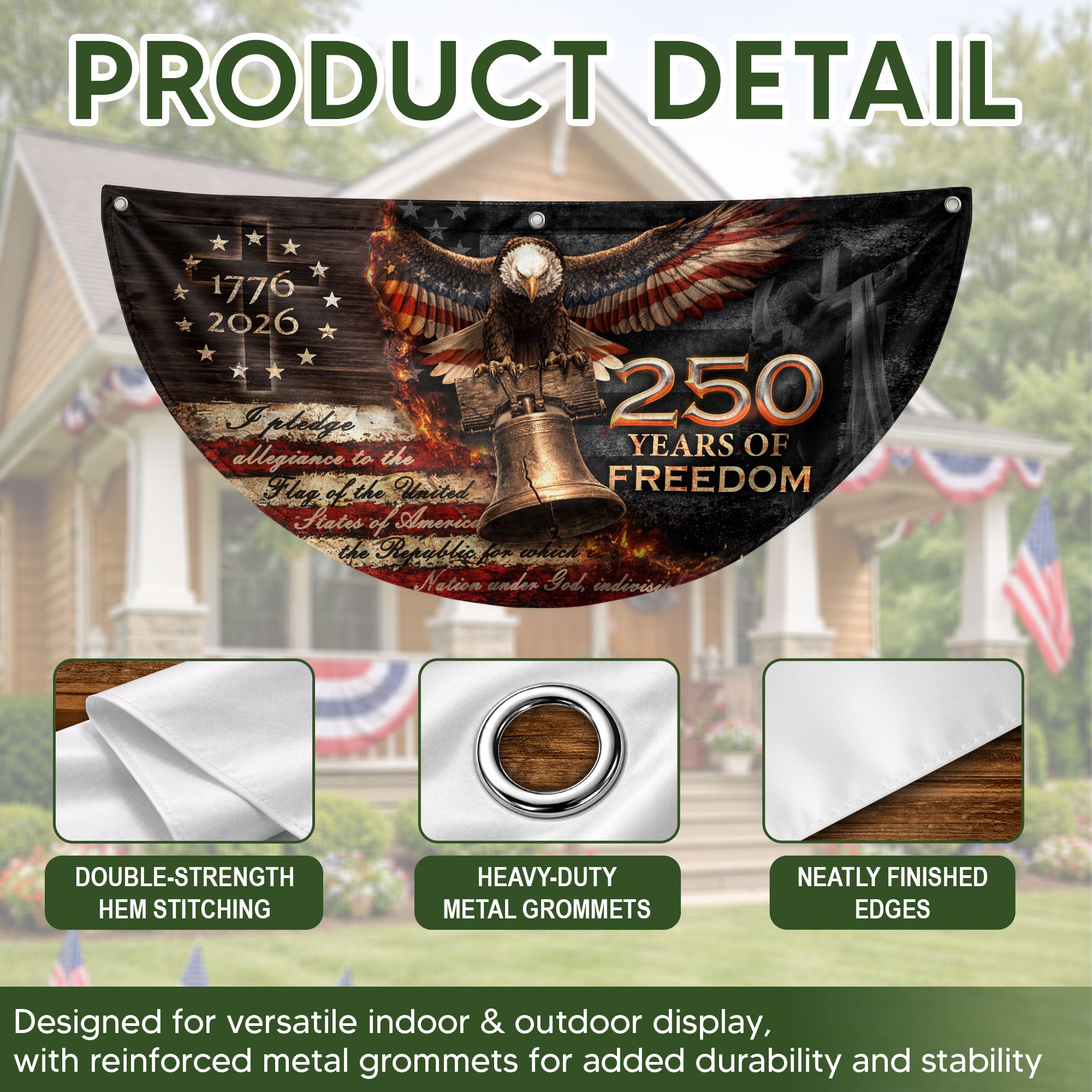 250 Years of Freedom Fence Flag 1776-2026 – Christian Patriotic Cross & Liberty Bell USA Double Sided Banner