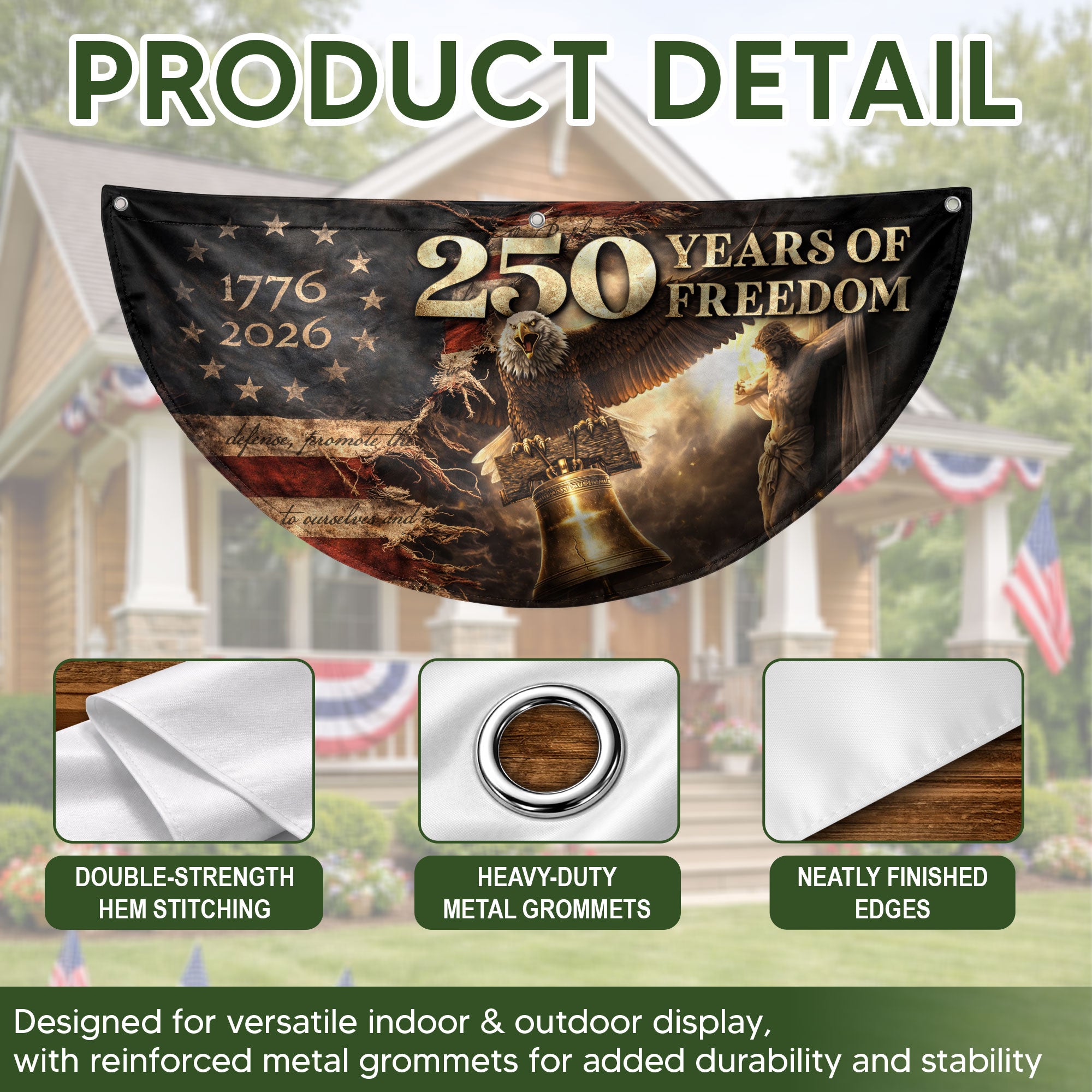 250 Years USA Anniversary Fence Flag 1776-2026 – Jesus & Eagle Christian Patriotic Double Sided Banner
