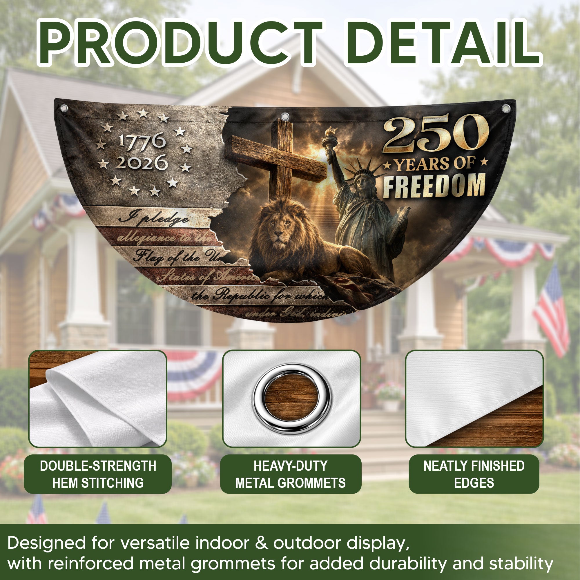 God Bless America 250 Years Fence Flag 1776-2026 – Lion & Cross Christian Patriotic USA Double Sided Banner