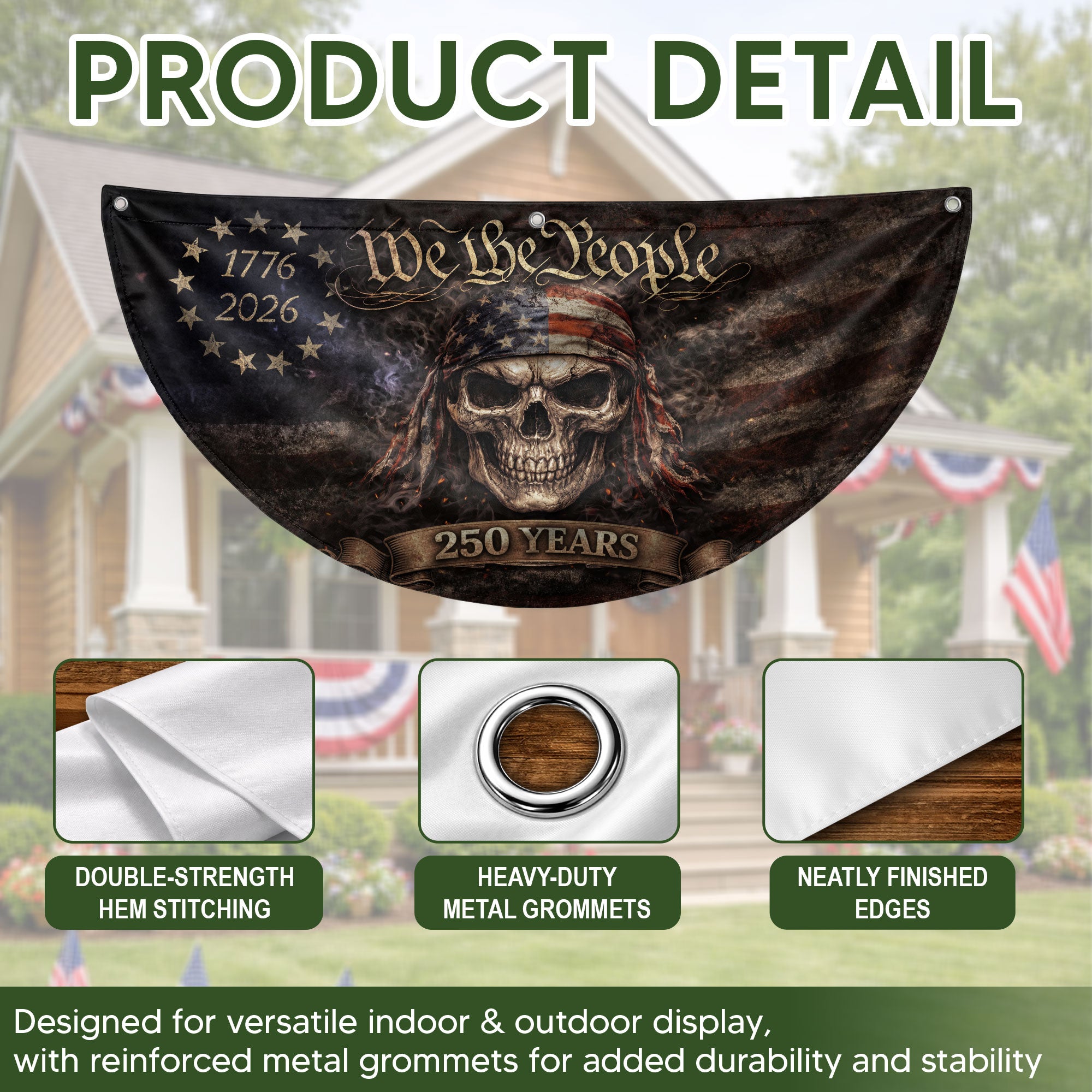 We The People Skull Fence Flag 250 Years 1776-2026 Patriotic Double Sided Banner