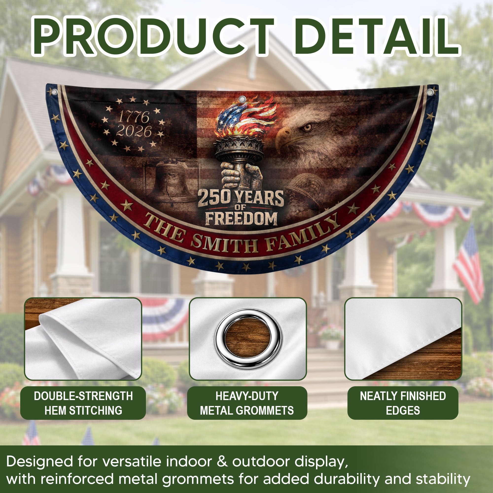 250 Anniversary USA Flag Fence Flag Custom Family Name, American Flag 250 Year Anniversary Banner with Eagle Design