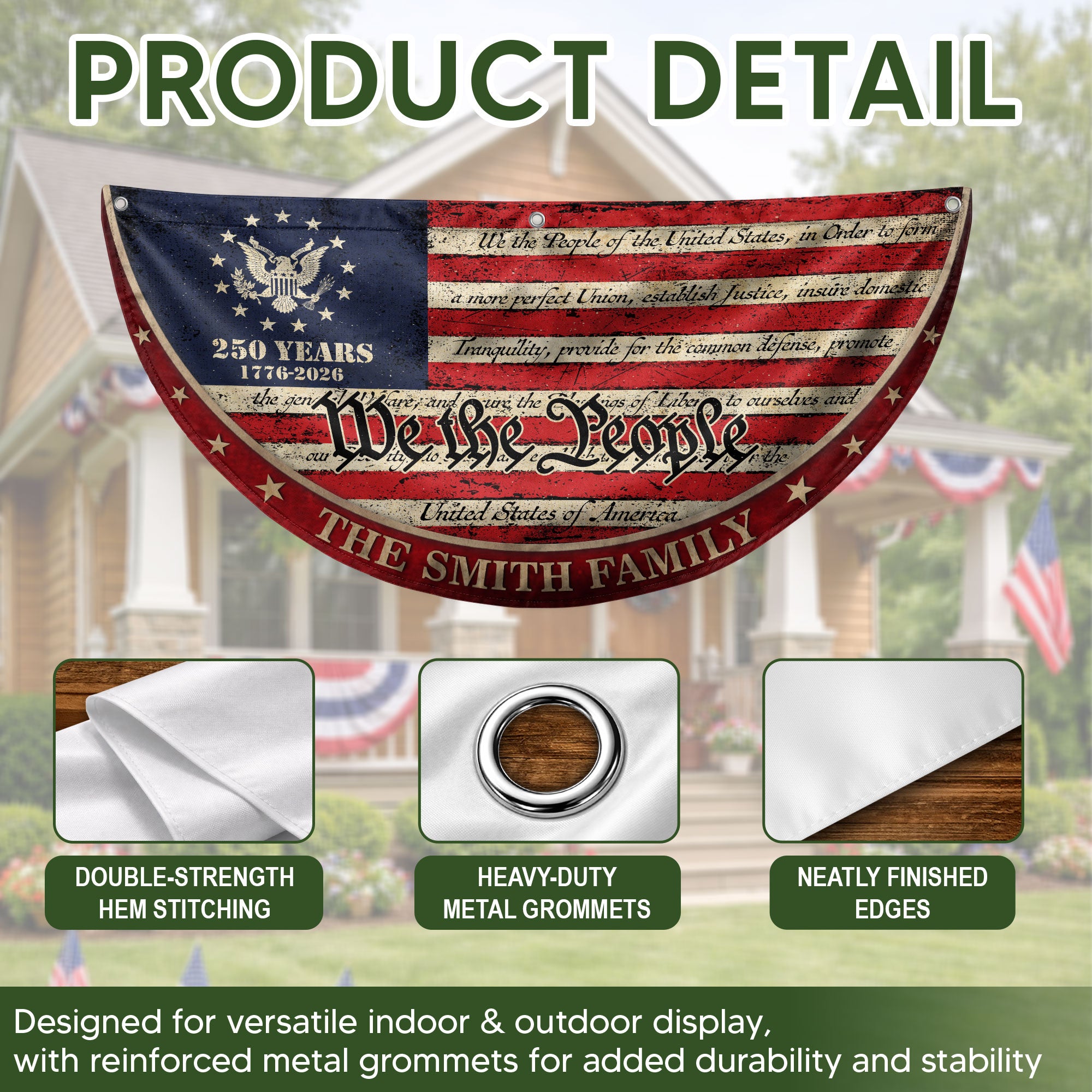 250 Years of Freedom Flag Fence Flag Custom Family Name, We The People Flag, American Flag with Eagle Patriotic Banner