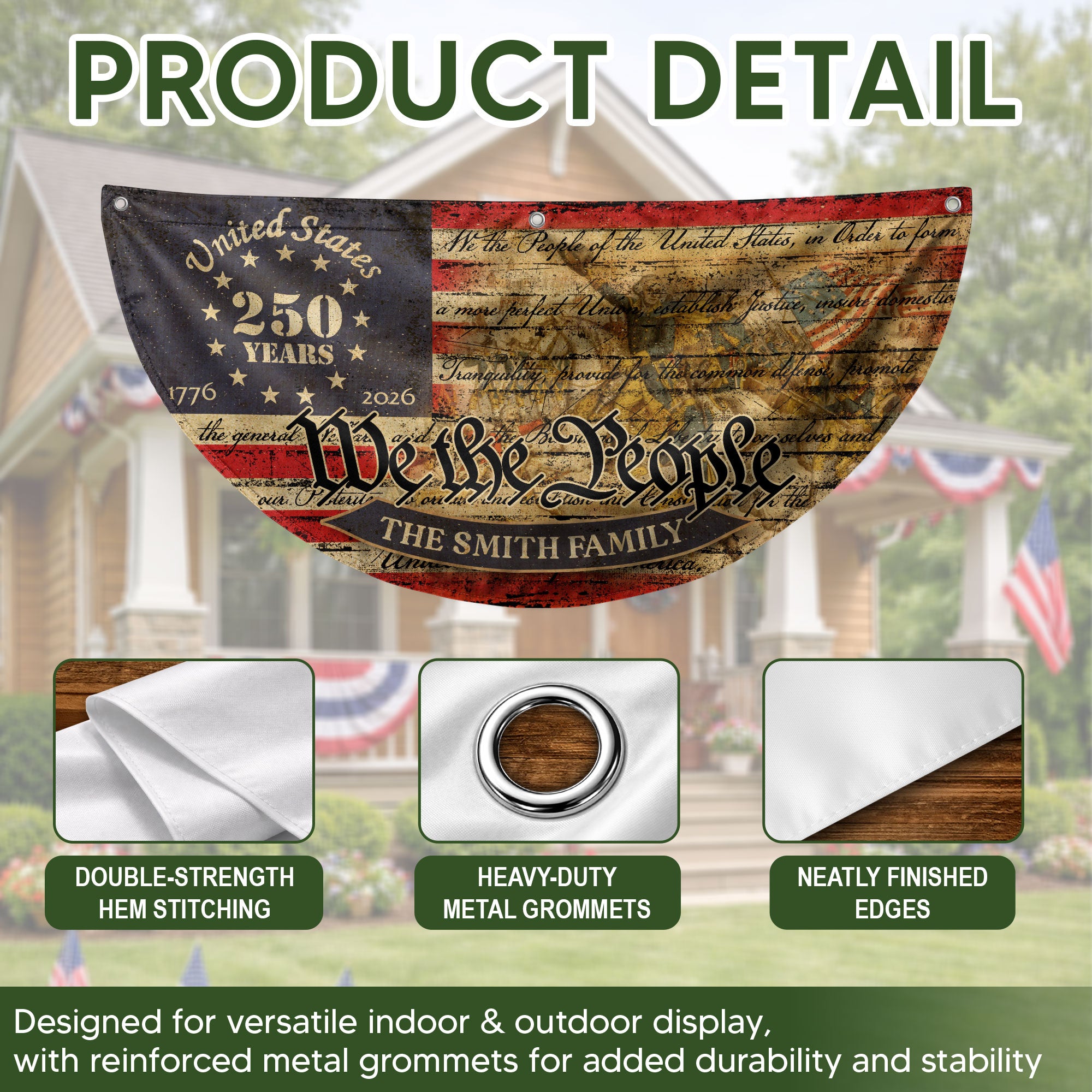 American Flag 250 Year Anniversary Fence Flag Custom Family Name, 250 Anniversary USA Banner, We The People Flag Design