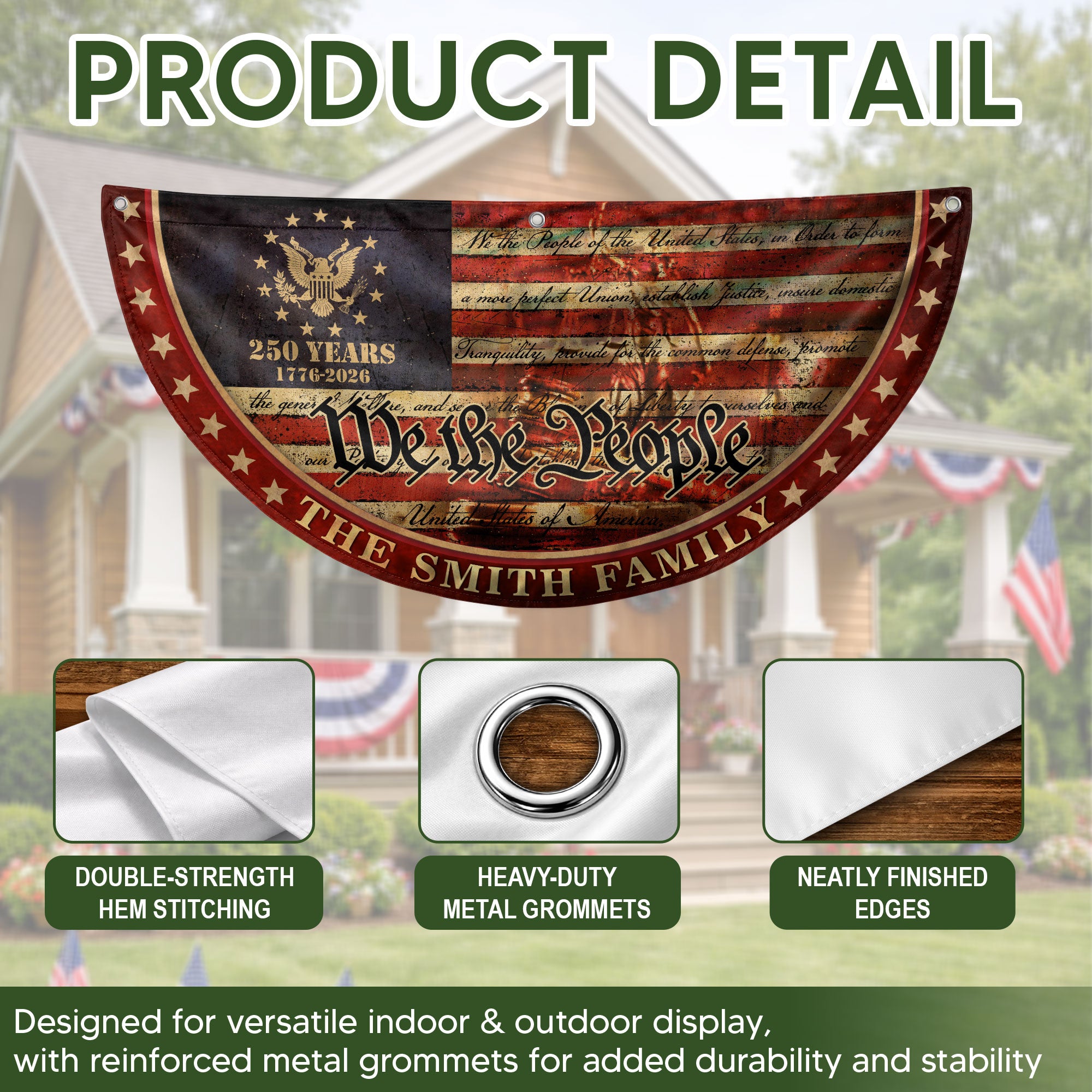 250 Anniversary USA Flag Fence Flag Custom Family Name, American Flag 250 Year Anniversary, We The People Fence Banner