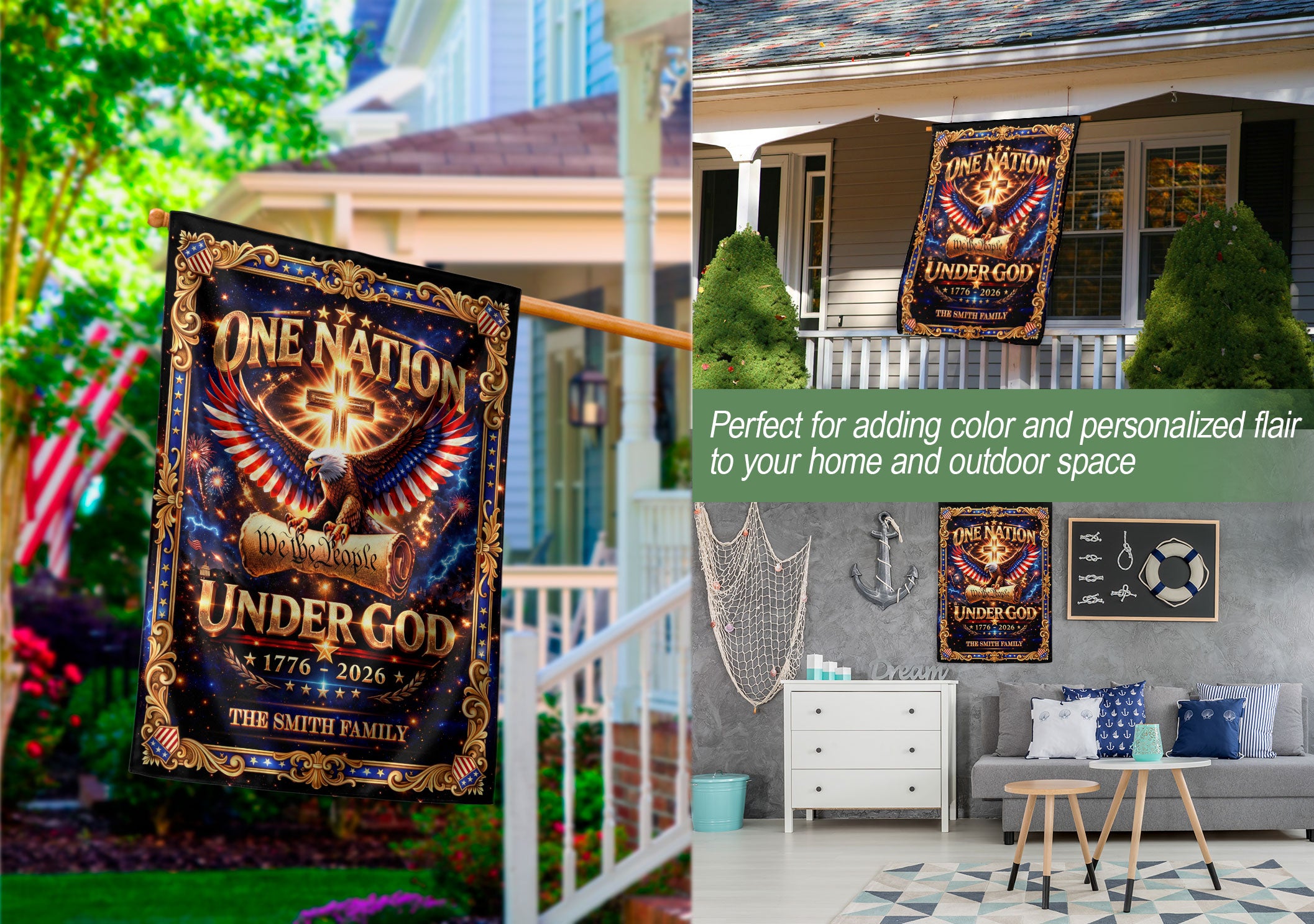 One Nation Under God 250th Anniversary Garden Flag – Custom Family Name with Eagle, Cross & 'We the People' 1776-2026
