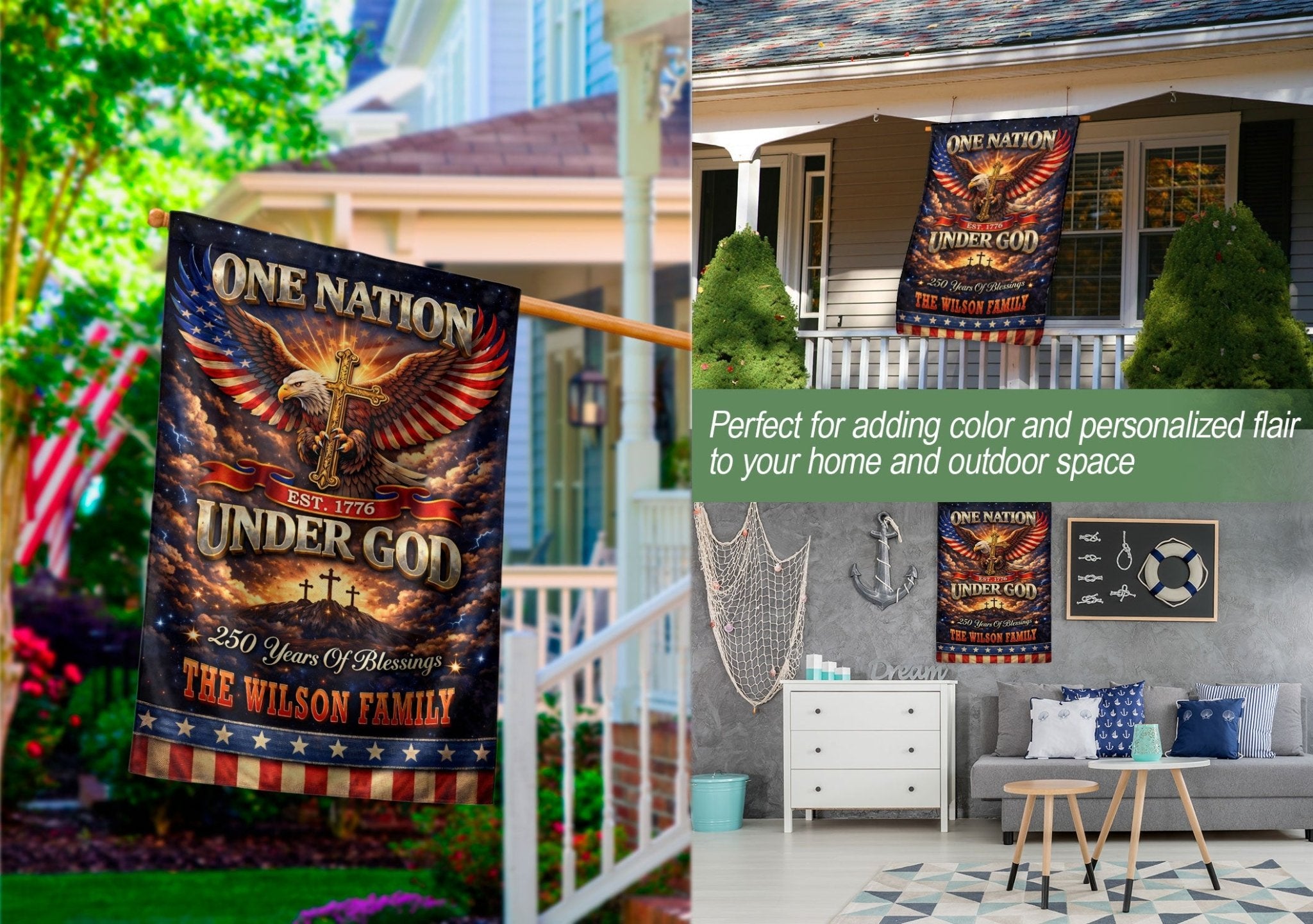 Personalized Patriotic Faith Garden Flag – 250-Year American Celebration with Eagle, Cross & Blessings Theme (1776–2026) - Rust Field Wear