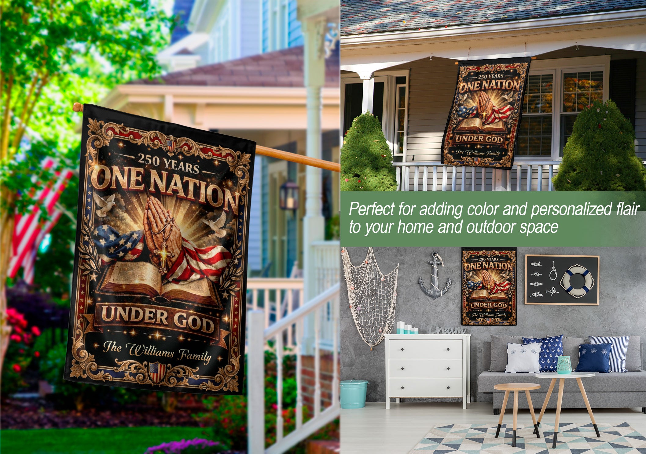 One Nation Under God 250th Anniversary Garden Flag – Custom Family Name with Praying Hands, Bible & Cross 1776-2026