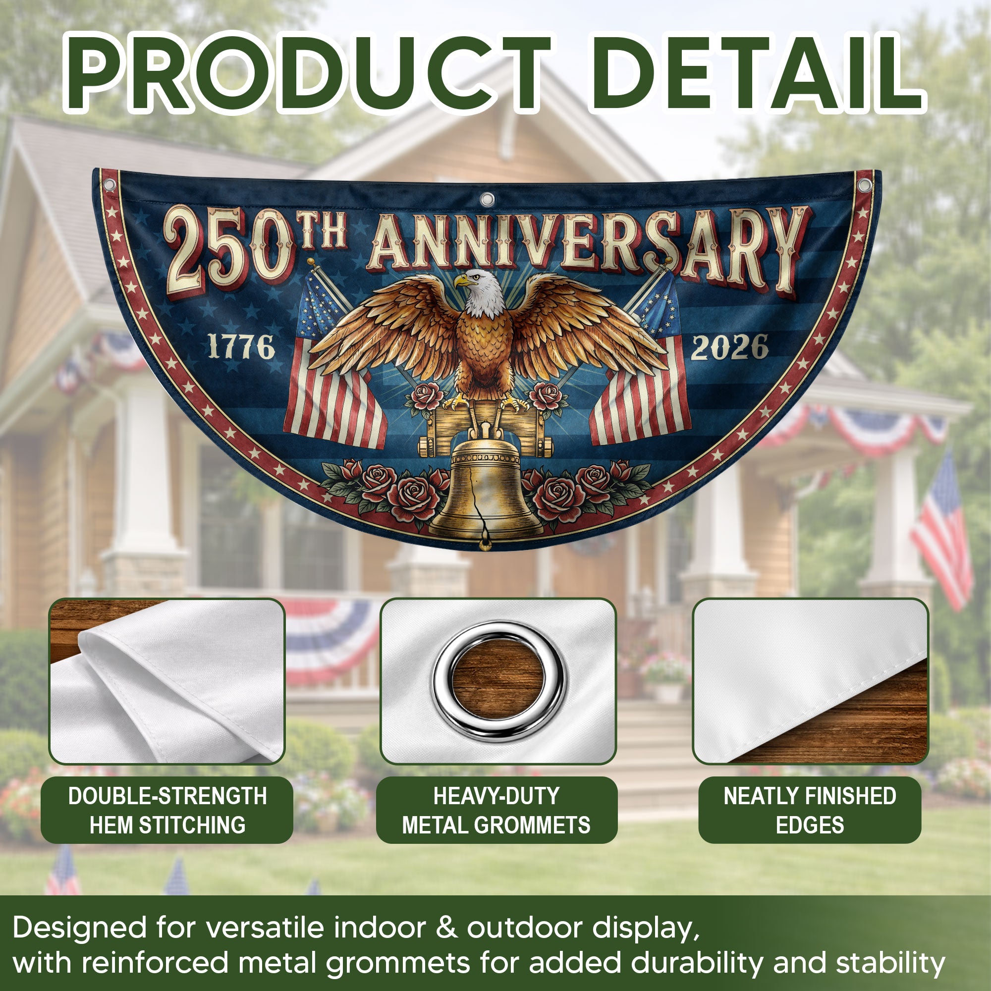 250th Anniversary USA Fence Flag - Patriotic Eagle & Liberty Bell Decoration for 2026