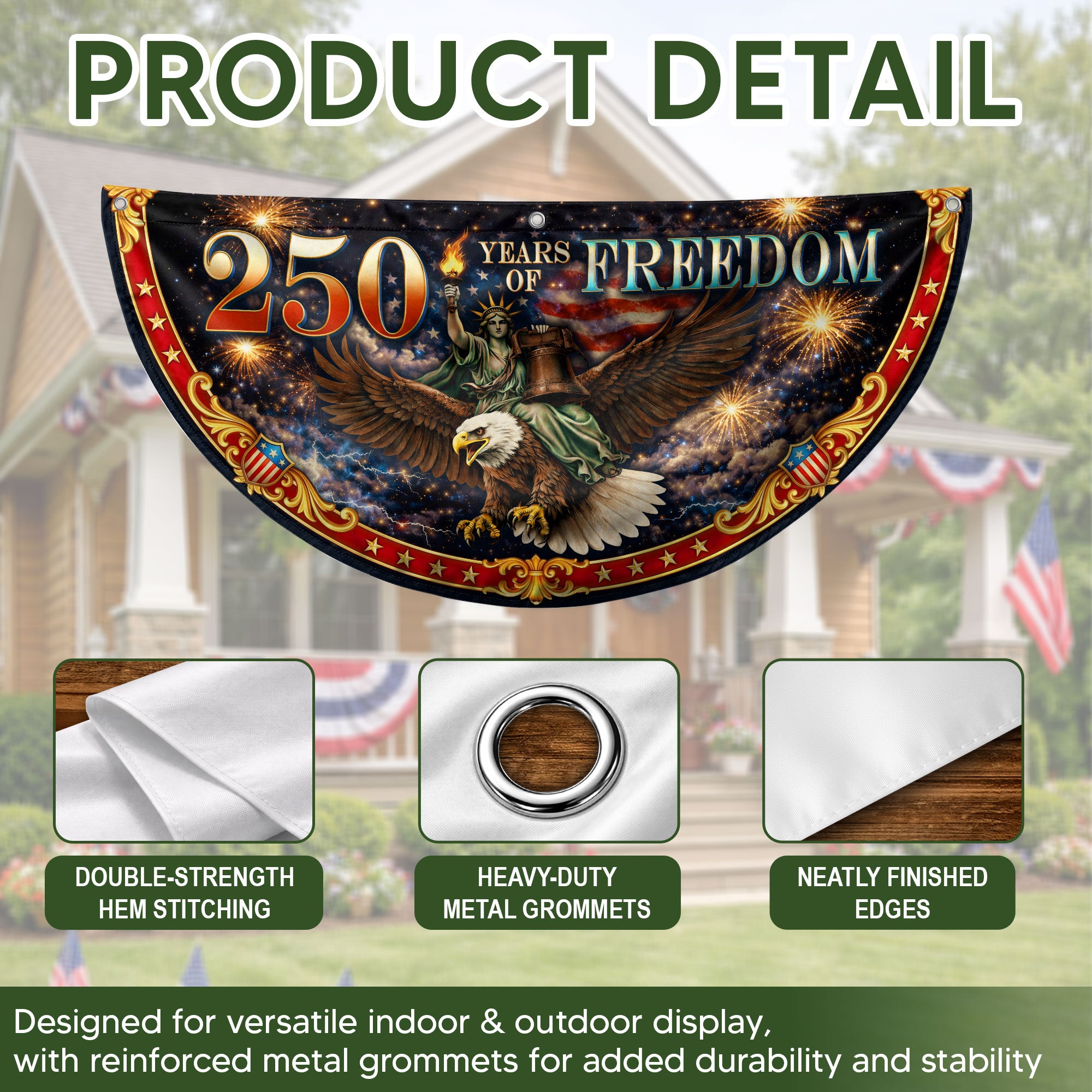 Fence Flag 250 Years of Freedom 1776-2026 Patriotic Eagle Liberty Bell Fireworks Banner