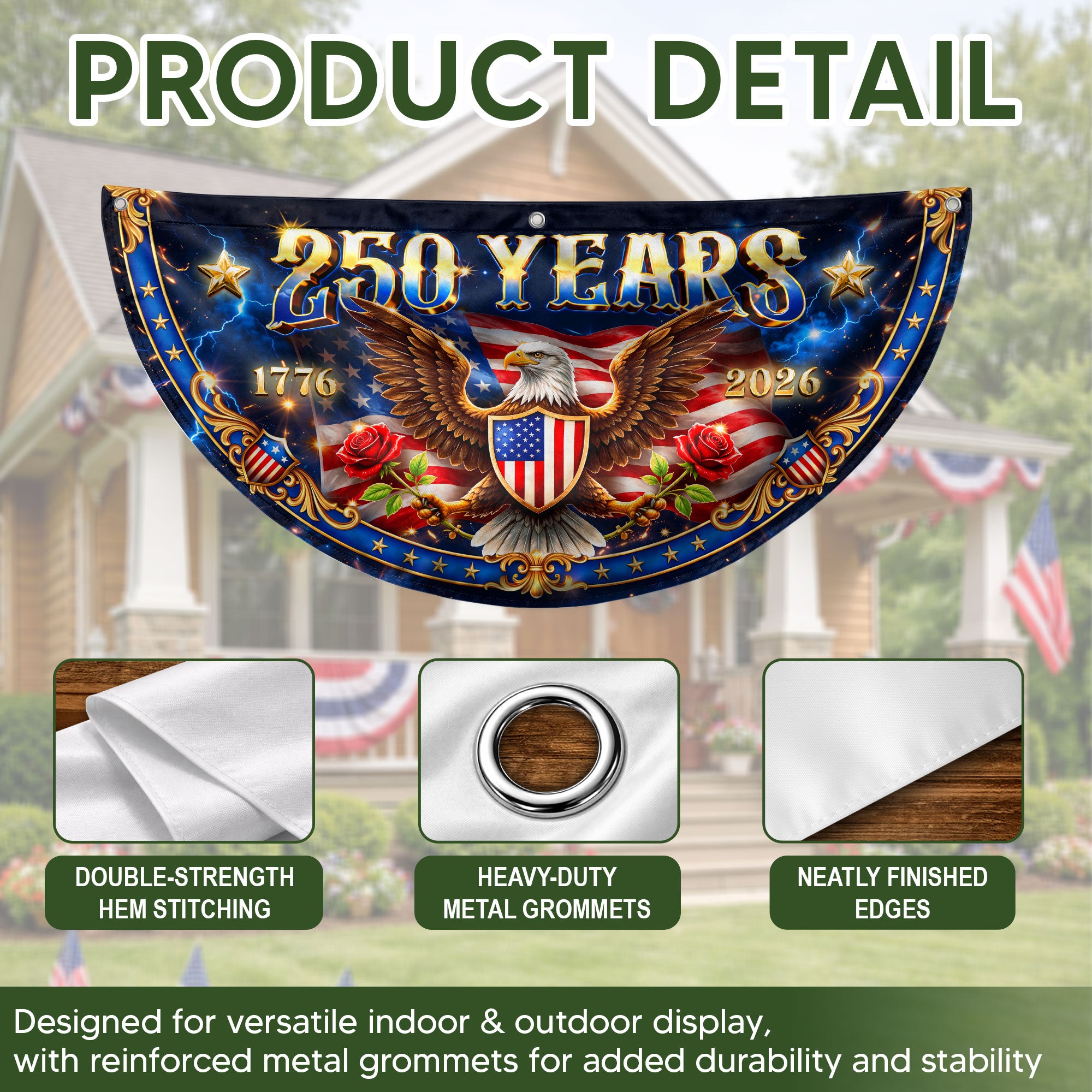 250 Years USA Fence Flag 1776-2026 Patriotic Eagle Shield Banner