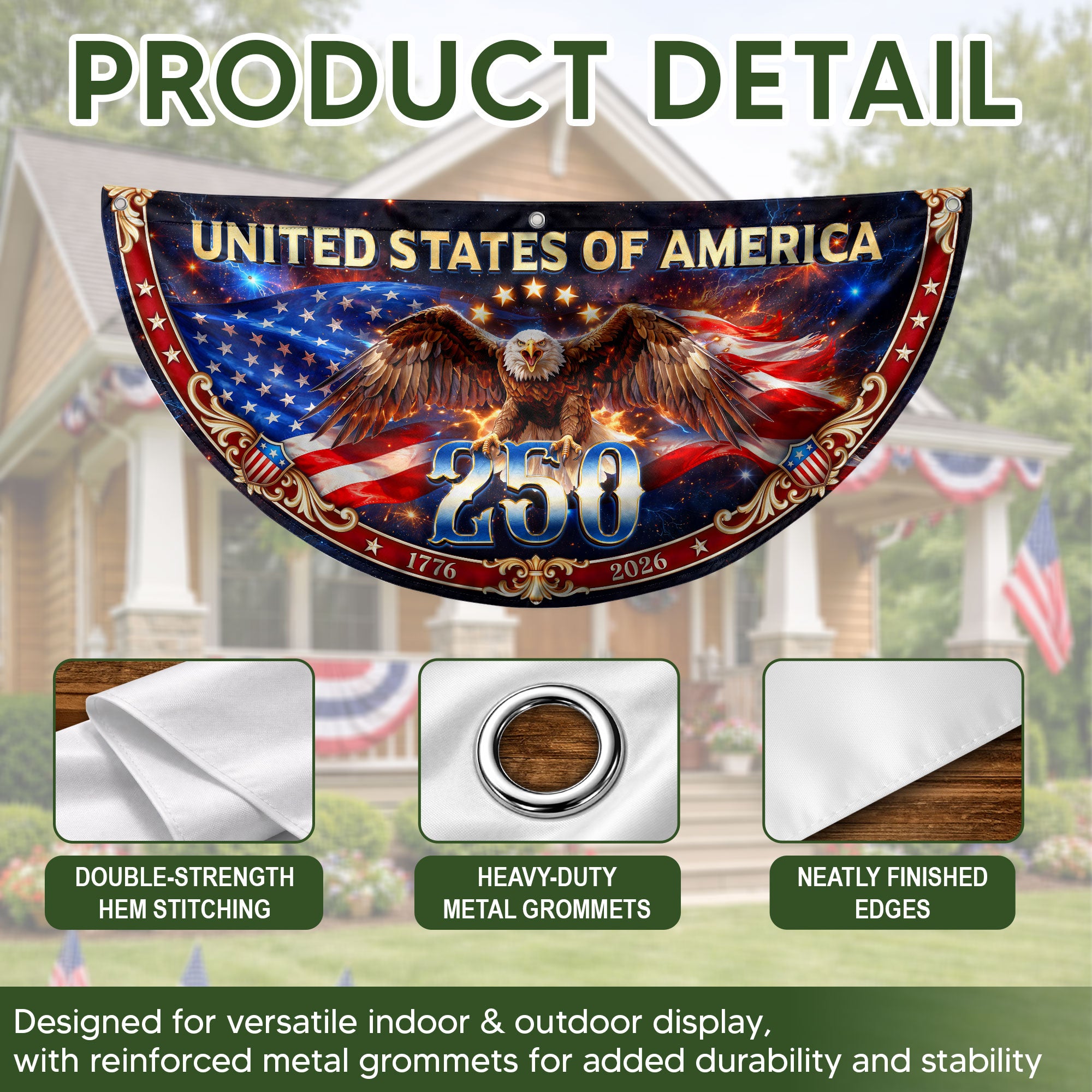 United States 250 Years Fence Flag 1776-2026 Patriotic Eagle Outdoor Banner Decoration