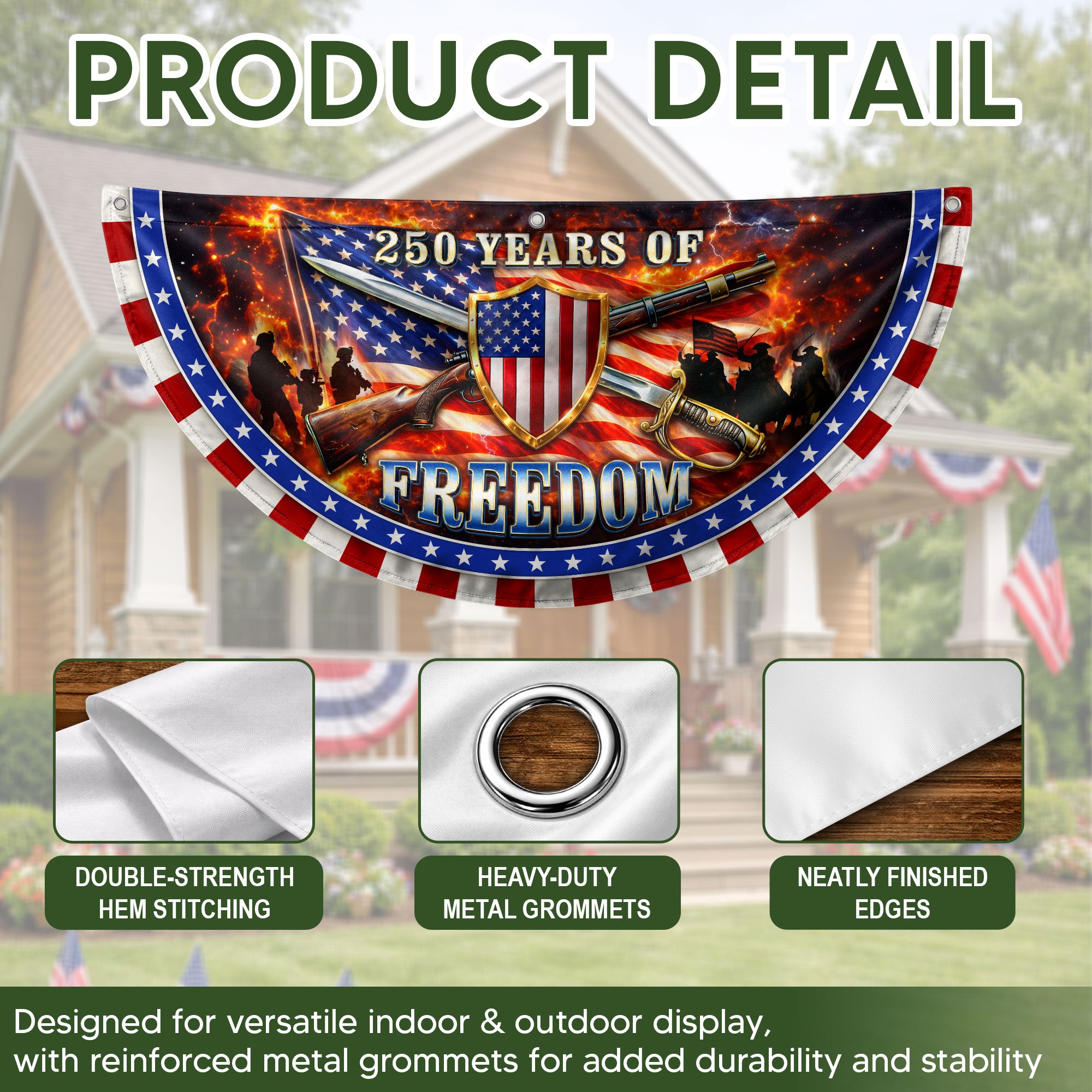 250 Years of Freedom Fence Flag 1776-2026 Patriotic Military Shield Banner