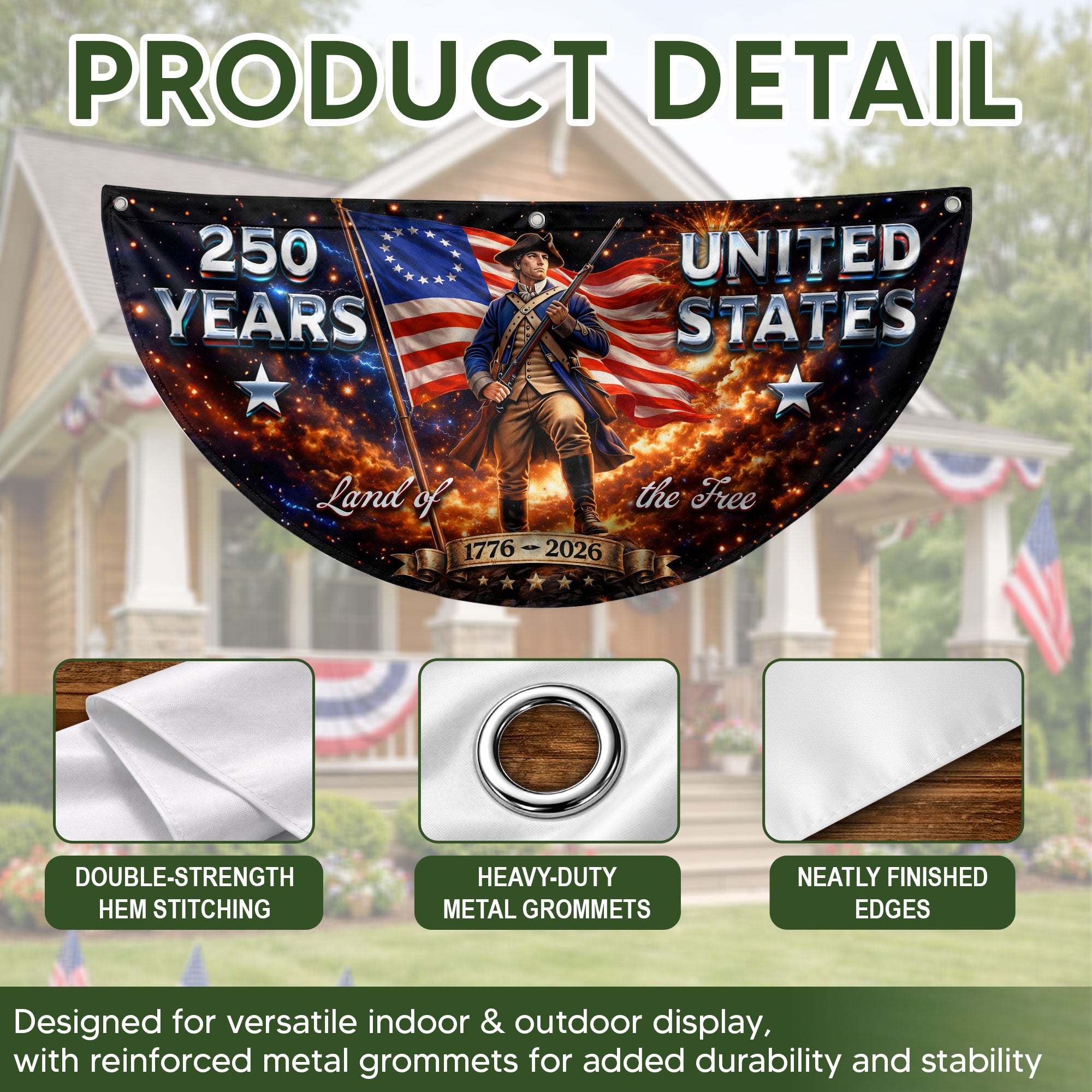 Land of the Free 250 Years Fence Banner 1776-2026 United States Patriotic Outdoor Decor