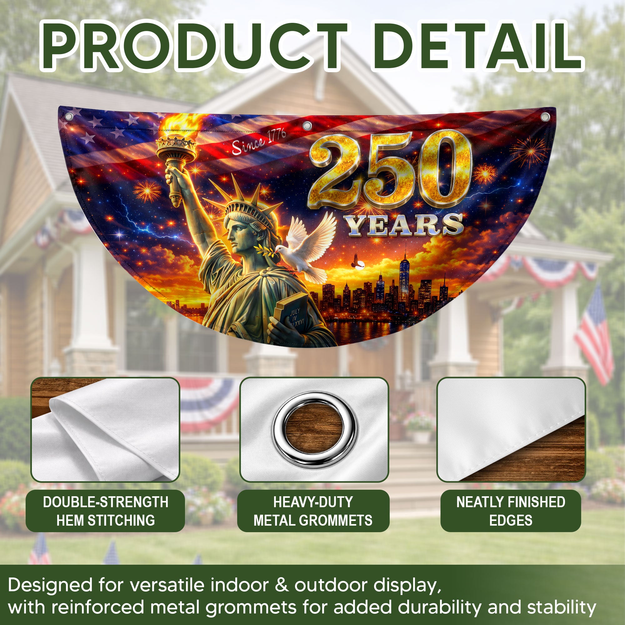Statue of Liberty 250 Years United States Fence Flag 1776-2026 Patriotic Outdoor Banner