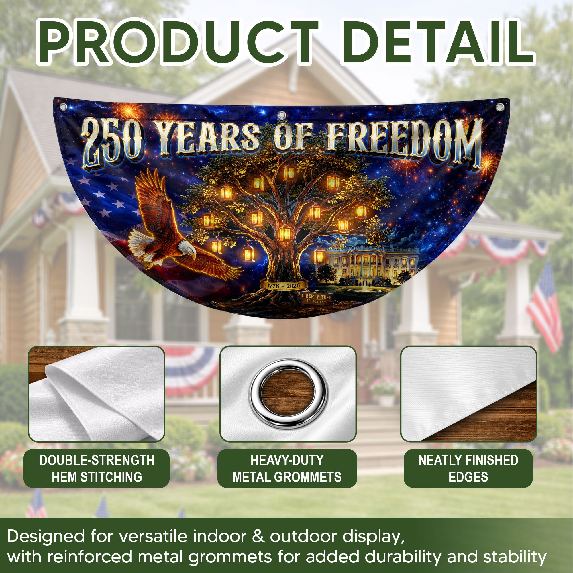 USA 250 Years Fence Banner 1776-2026 Patriotic Liberty Tree Eagle Banner
