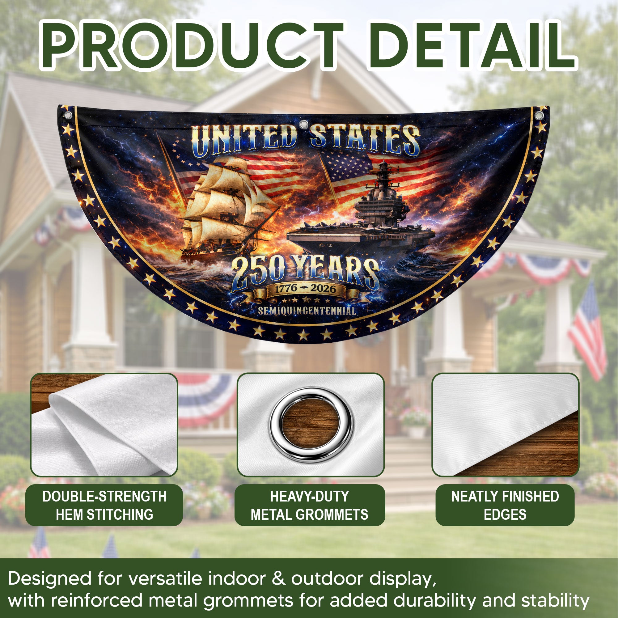 250 Years United States Fence Flag 1776-2026 Patriotic Navy Ship Outdoor Yard Banner