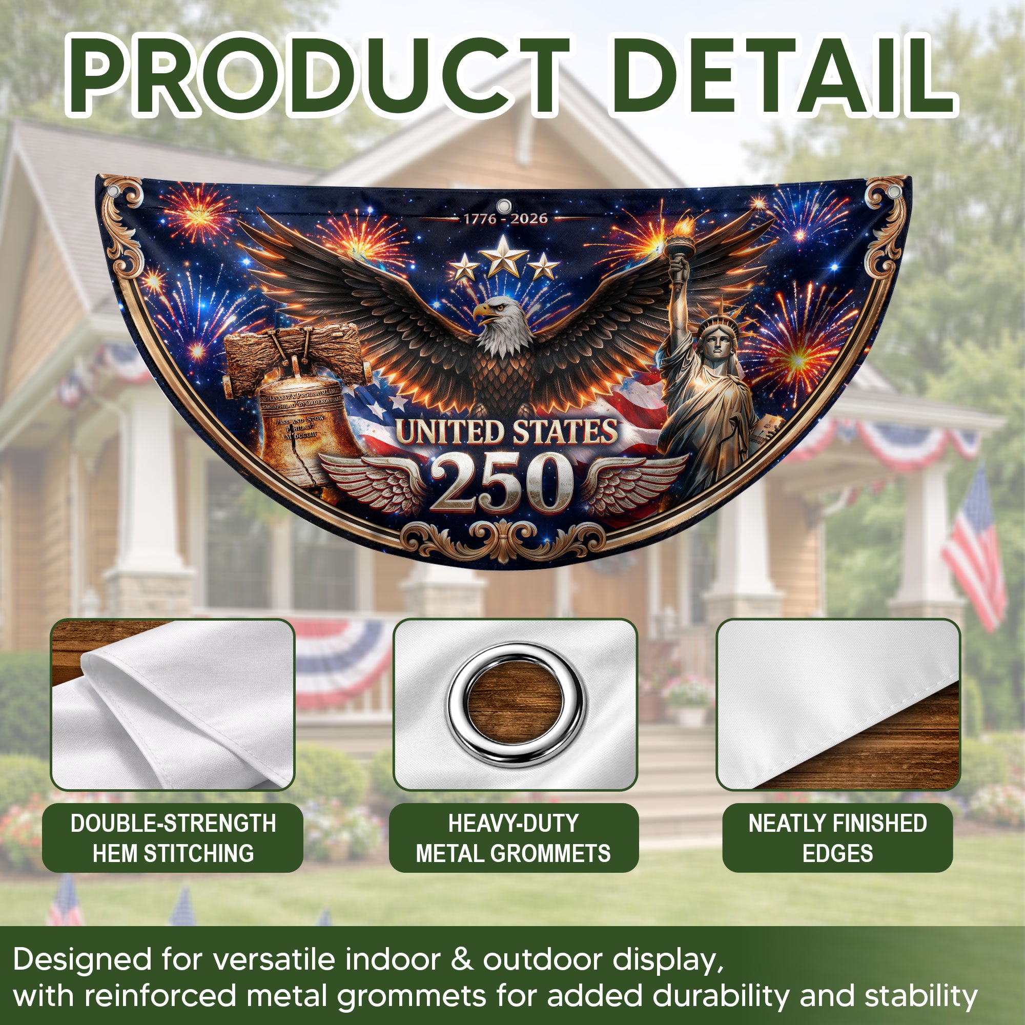 USA 250 Years Fence Flag 1776-2026 Liberty Bell Patriotic Eagle Yard Decoration