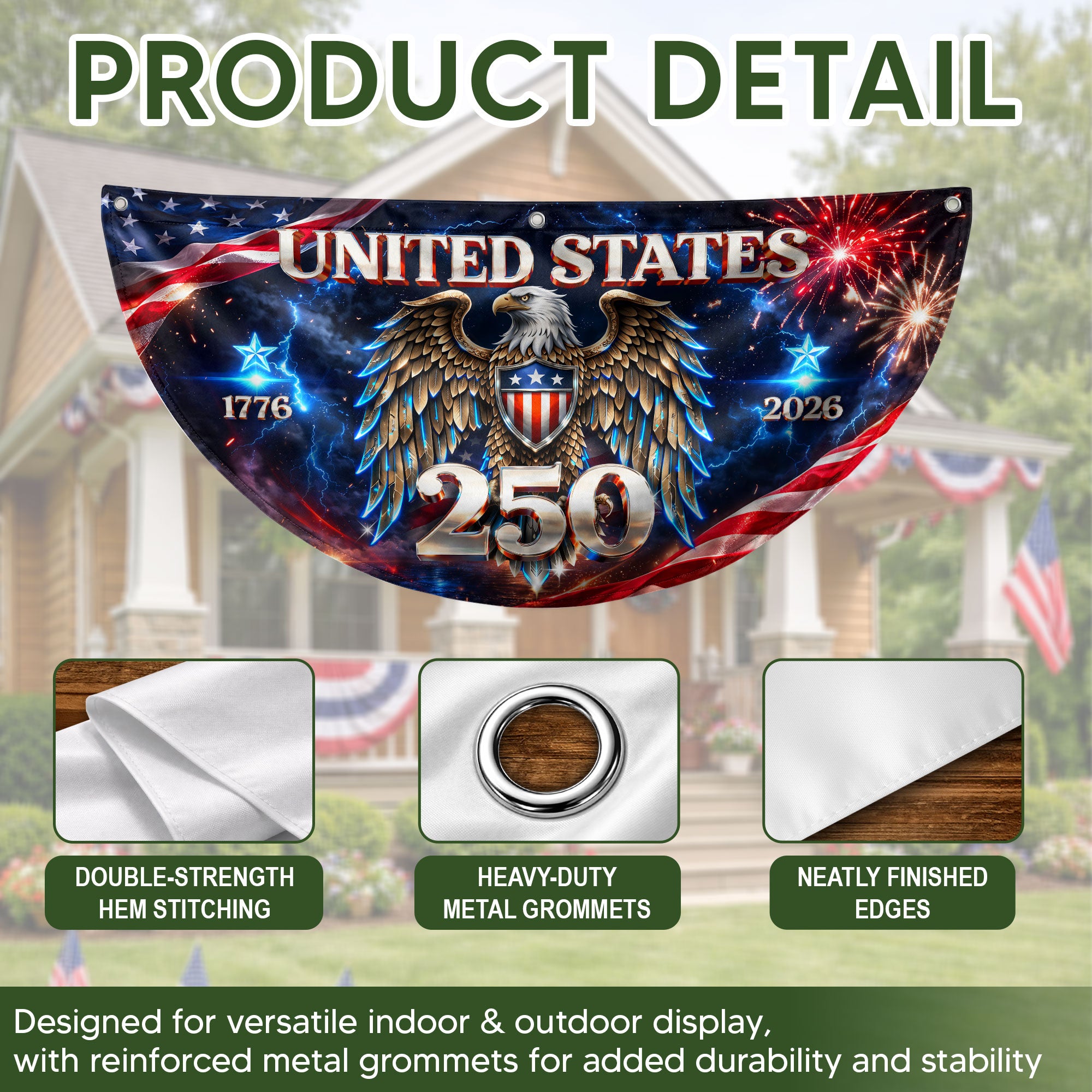 250 Years United States Fence Flag 1776-2026 Patriotic Eagle Outdoor Banner Decoration