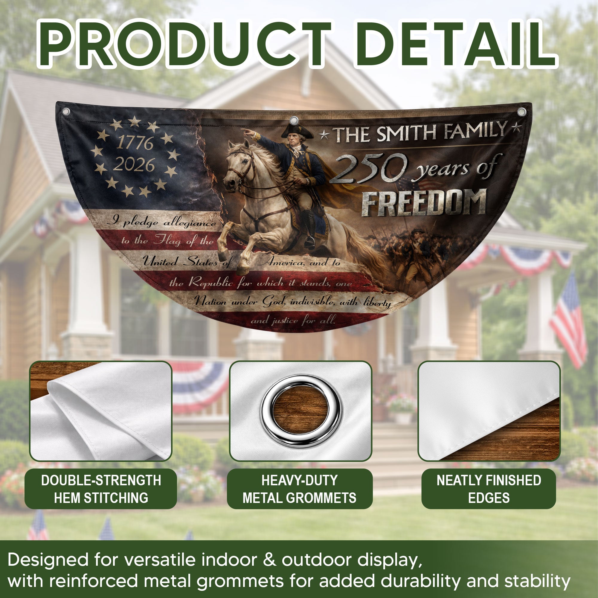George Washington Fence Flag Custom Family Name 250 Years Freedom 1776-2026 Yard Decor