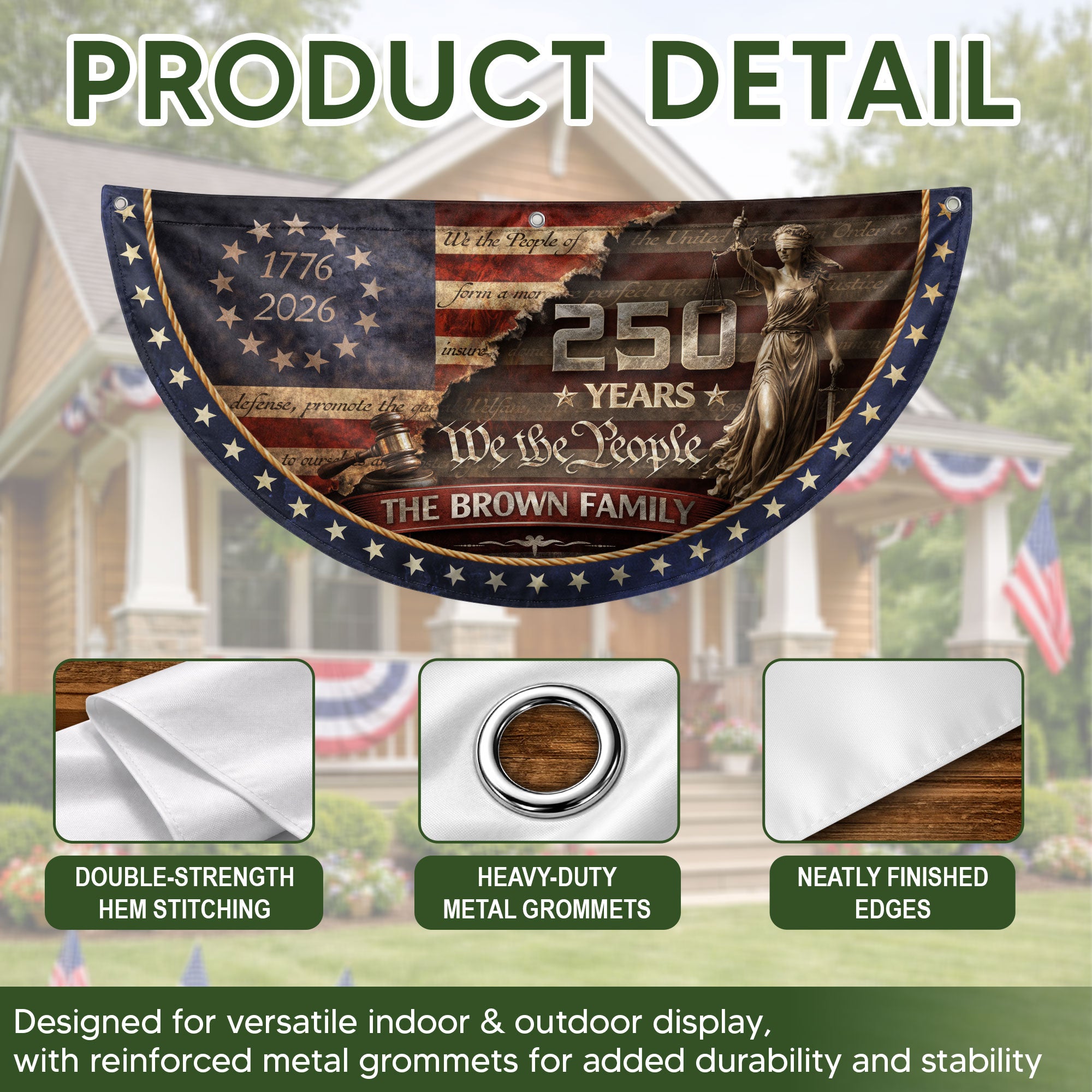 Lady Justice Fence Flag Custom Family Name 250 Years Freedom 1776-2026 Patriotic Decor