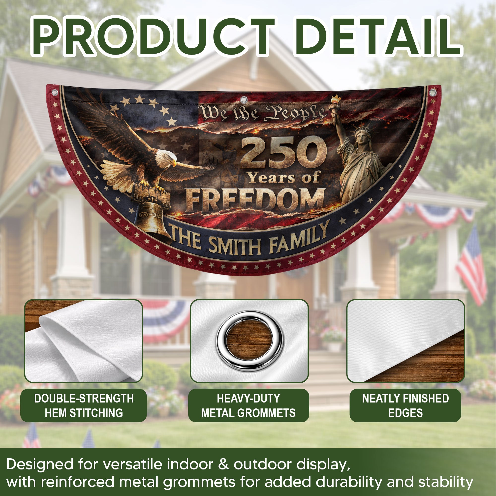 Liberty Bell & Statue of Liberty Fence Flag Custom Name 250 Years Freedom 1776-2026