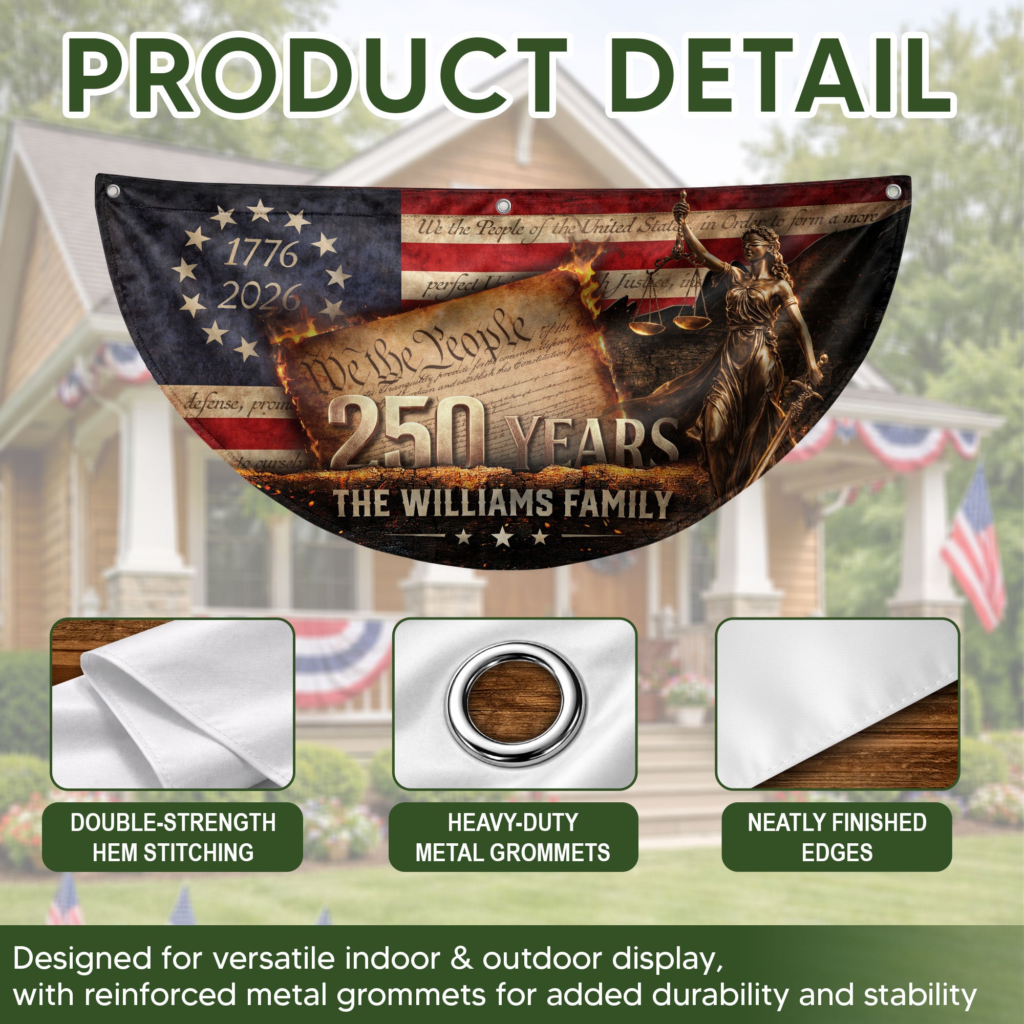 We The People Fence Flag Lady Justice Custom Family Name 250 Years Freedom 1776-2026