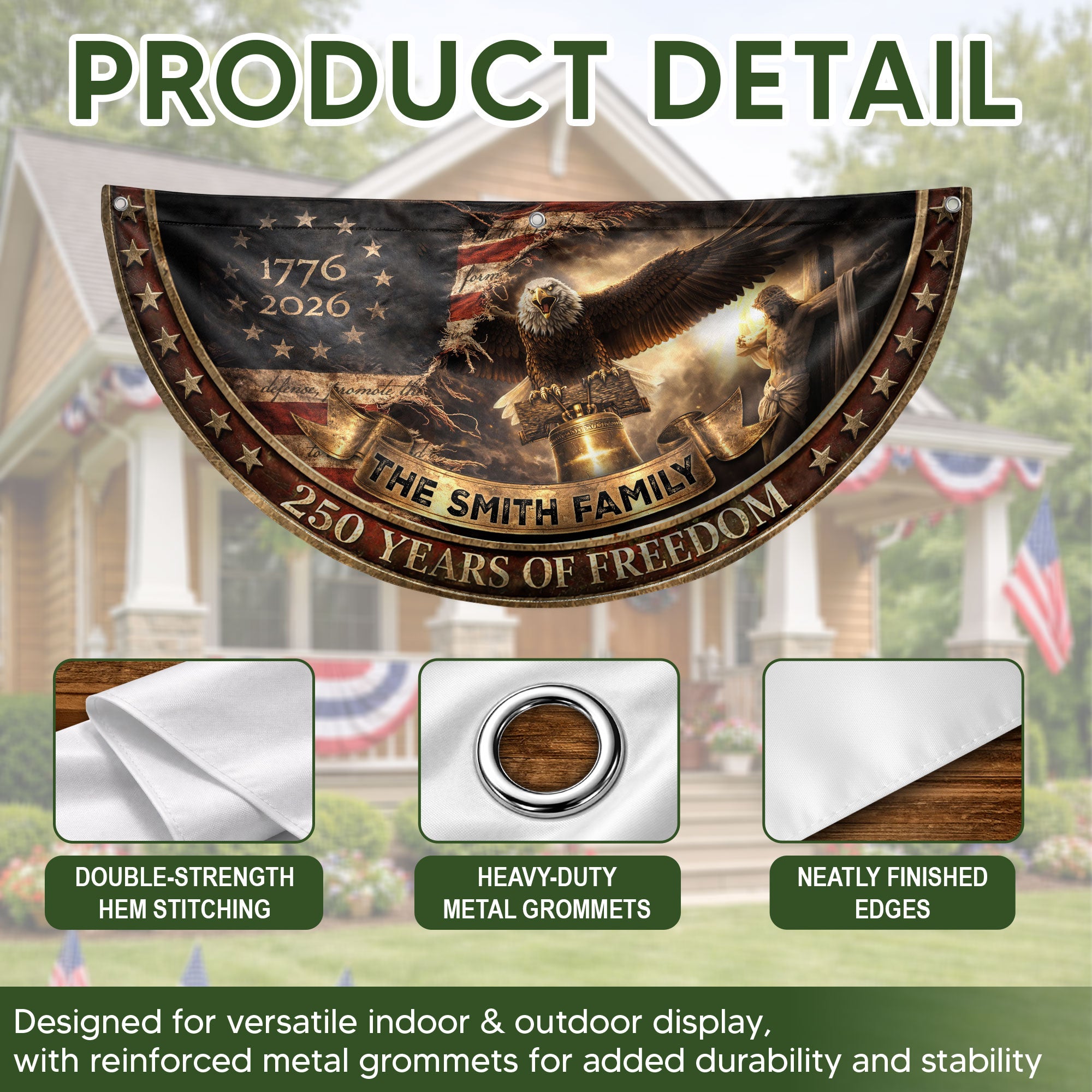 250 Years of Freedom Flag Fence Flag Custom Family Name American Flag with Cross Christian 250th Anniversary Patriotic Banner Gift