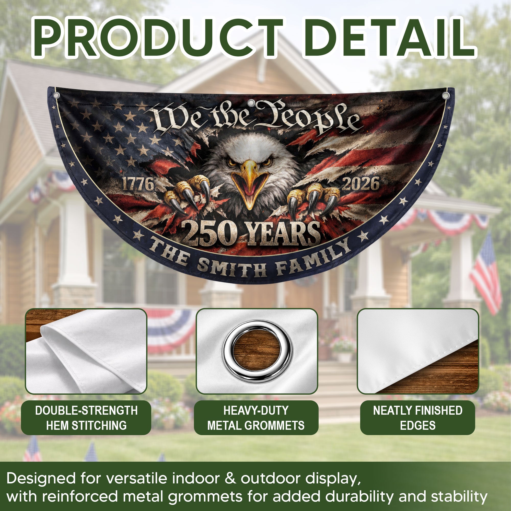 American Eagle Fence Flag Custom Family Name 250 Years Freedom 1776-2026 Patriotic Yard Decor
