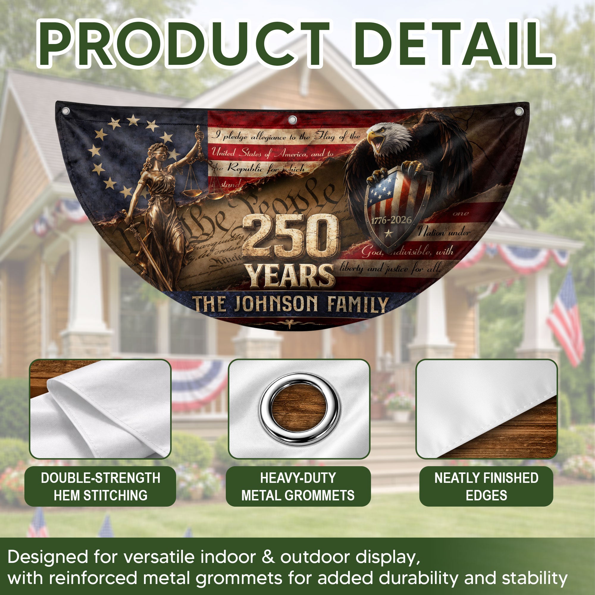 Lady Justice Constitution Fence Flag Custom Family Name 250 Years Freedom 1776-2026 Patriotic Yard Decor