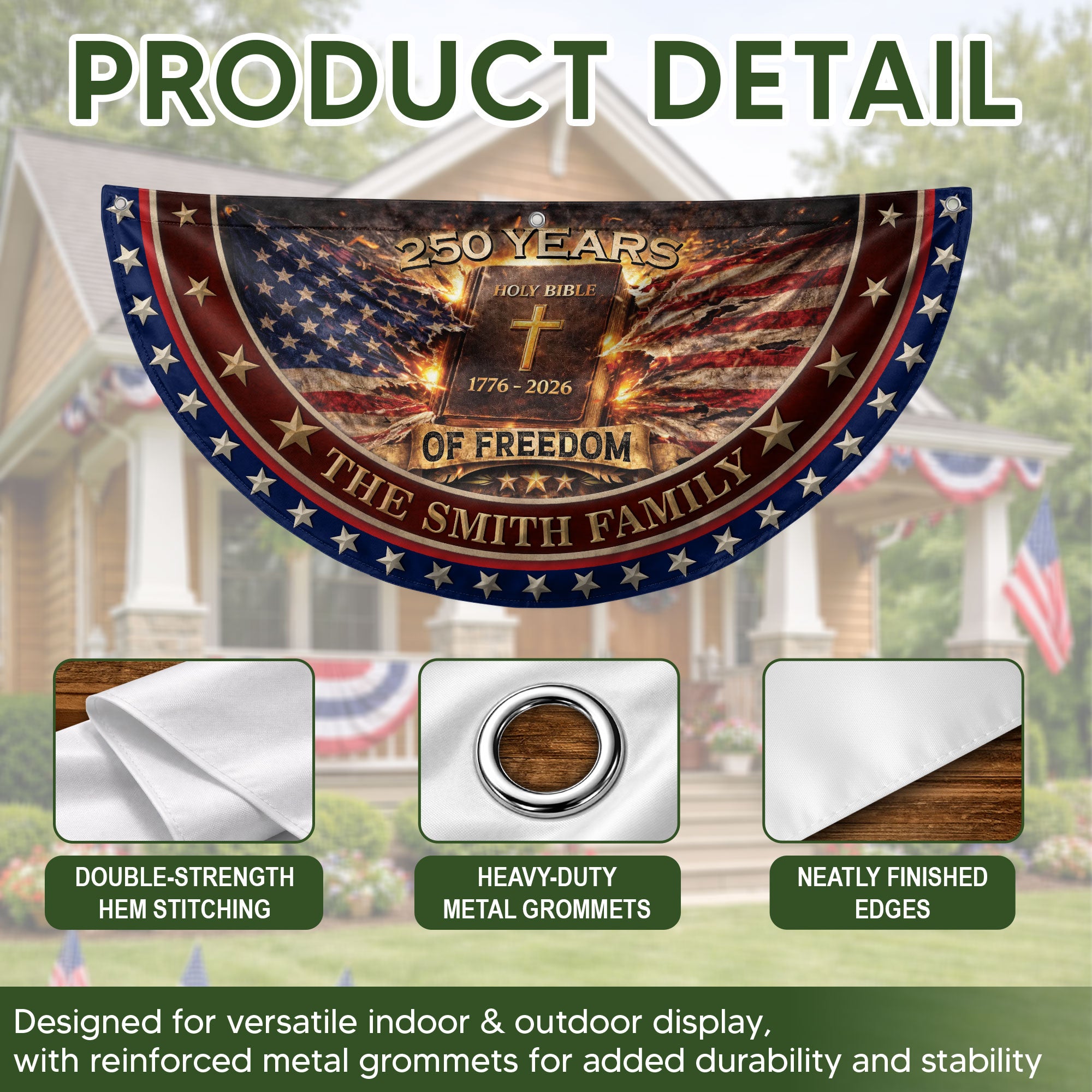 Christian Faith Bible Fence Flag Custom Family Name 250 Years Freedom 1776-2026 Patriotic Decor