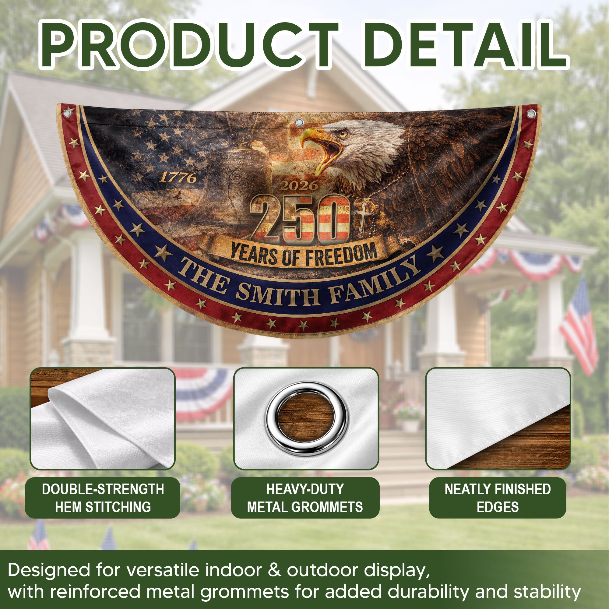 Patriotic Eagle Liberty Bell Fence Flag Custom Family Name 250 Years Freedom 1776-2026 Yard Decor