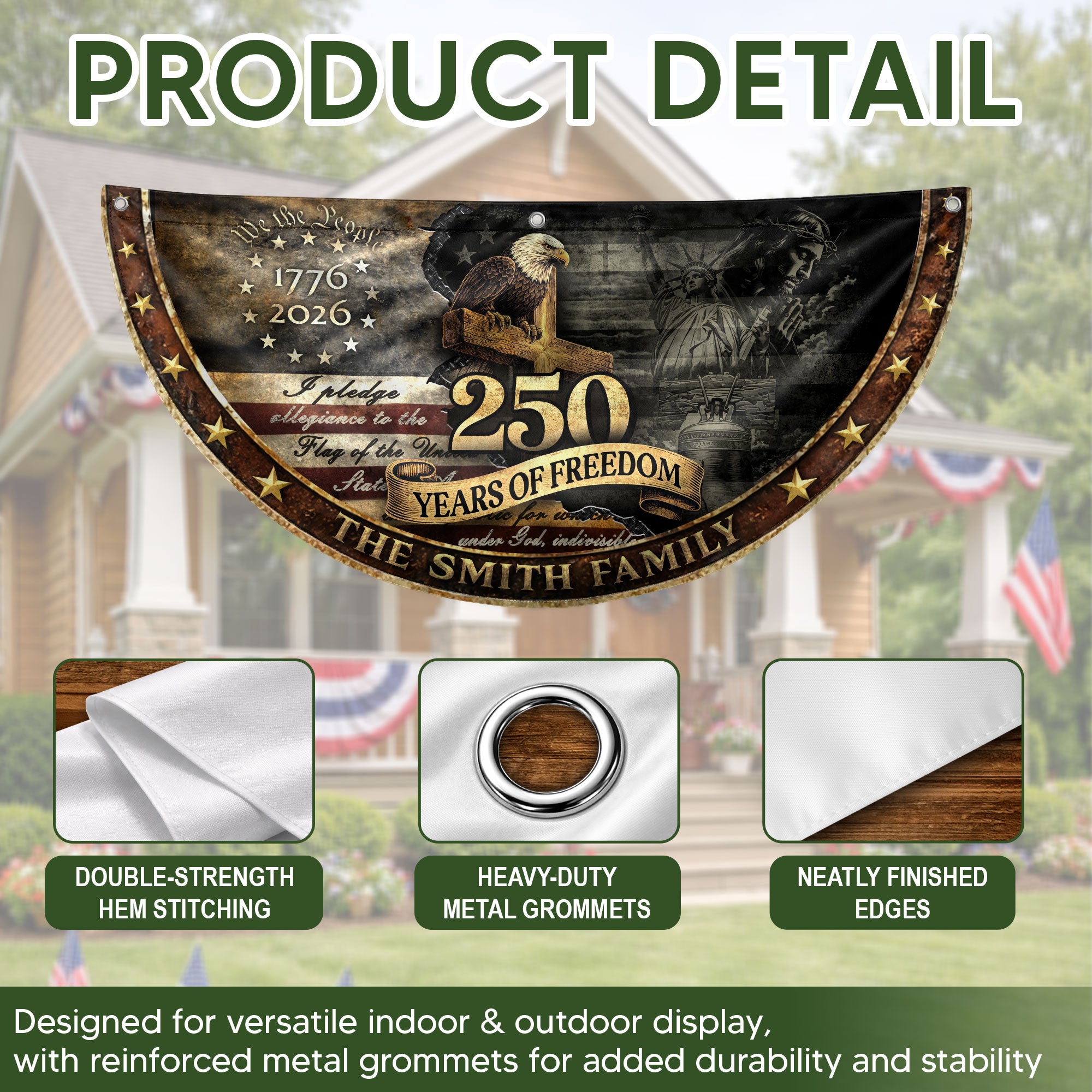 Faith Eagle Cross Fence Flag Custom Family Name 250 Years Freedom 1776-2026 Patriotic Decor