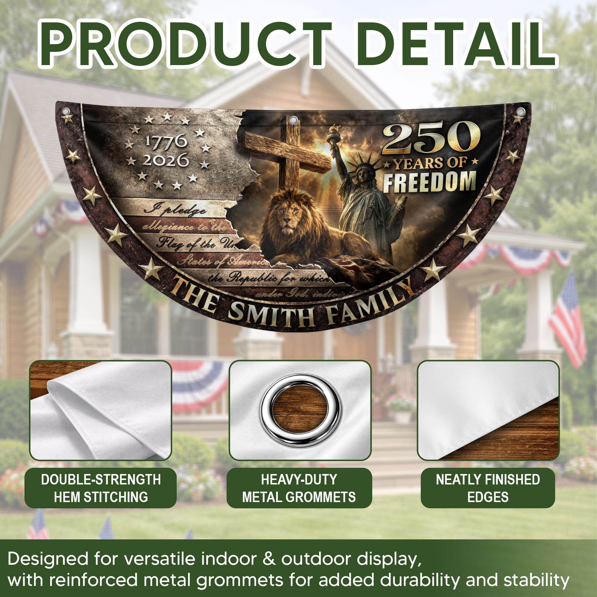 Christian Lion Cross Fence Flag Custom Family Name 250 Years Freedom 1776-2026 Patriotic Decor