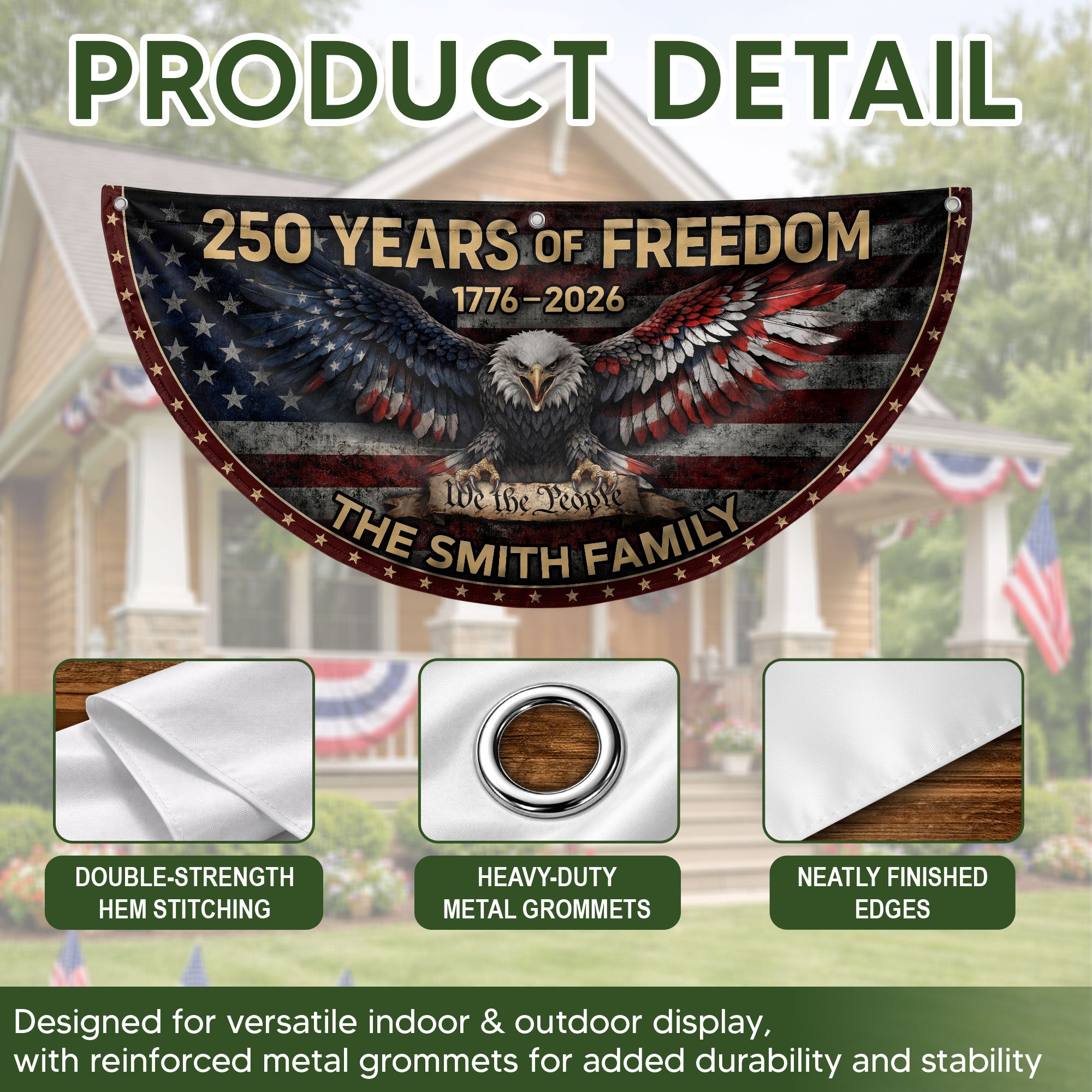 American Bald Eagle Fence Flag Custom Family Name 250 Years Freedom 1776-2026 Patriotic Yard Decor
