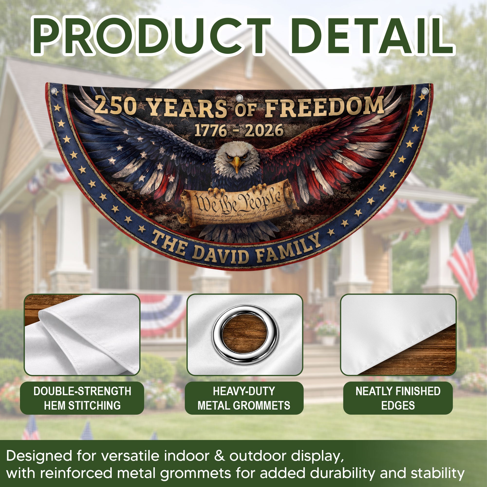 We The People Eagle Fence Flag Personalized Family Name 250 Years of Freedom 1776-2026 Patriotic Decor