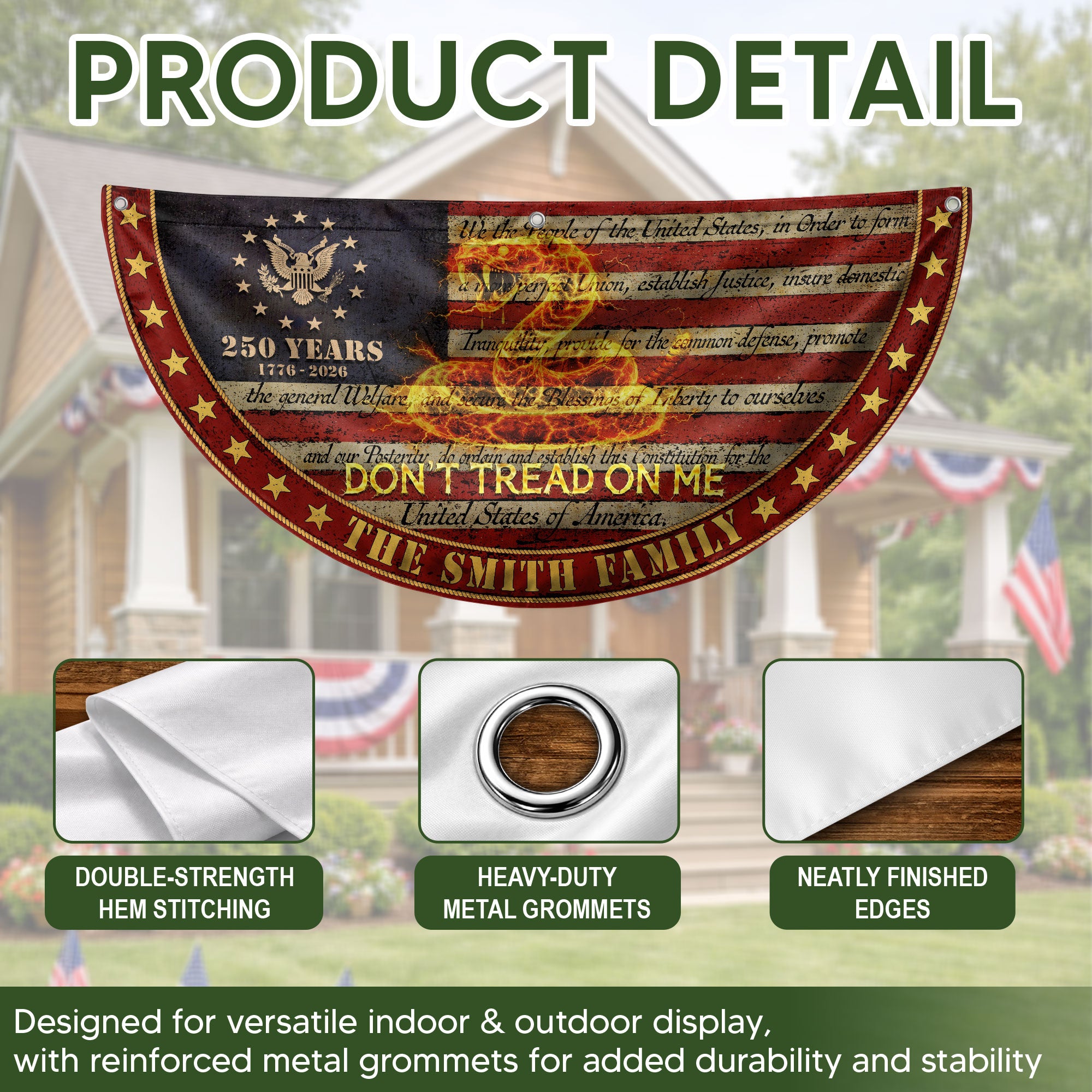 Dont Tread On Me Snake Fence Flag Custom Family Name 250 Years Freedom 1776-2026 Patriotic Yard Decor