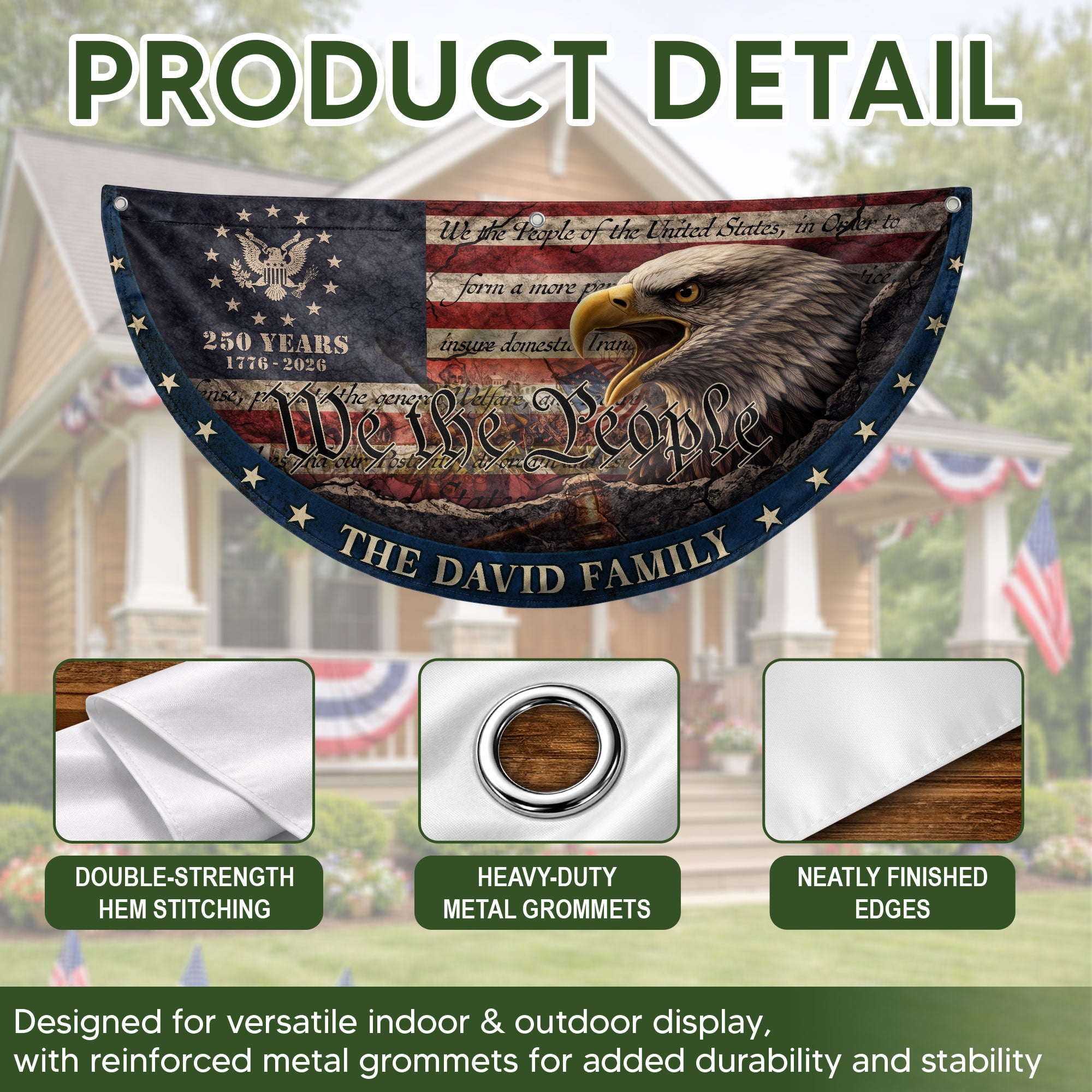 We The People Eagle Head Fence Flag Custom Family Name 250 Years Freedom 1776-2026 Patriotic Yard Decor