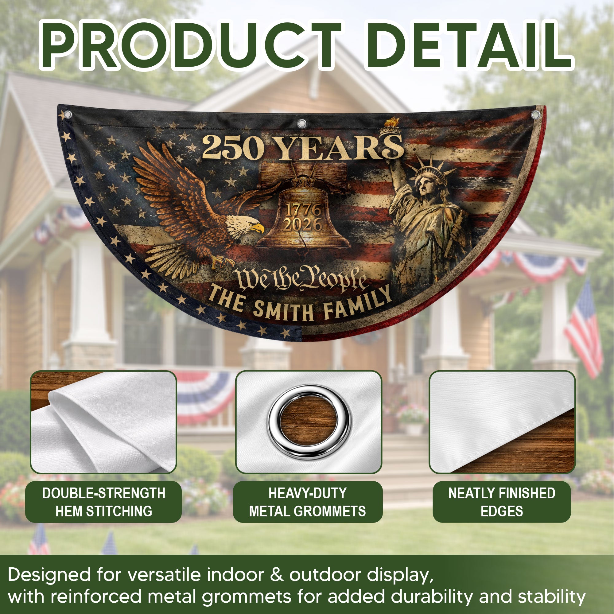 Liberty Bell Eagle Fence Flag Custom Family Name 250 Years Freedom 1776-2026 Patriotic Yard Decor