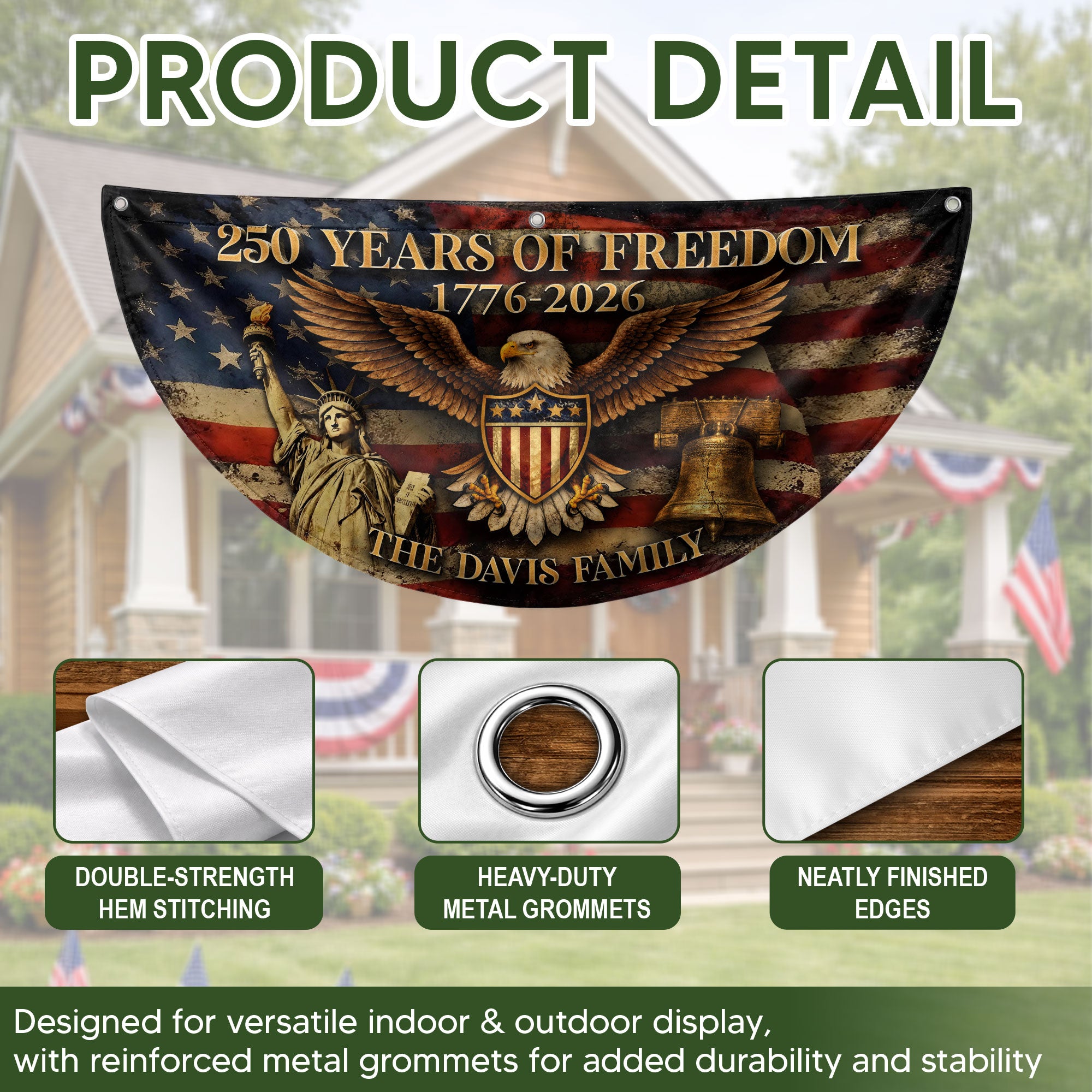 American Eagle Shield Fence Flag Custom Family Name 250 Years of Freedom 1776-2026 Patriotic Yard Decor