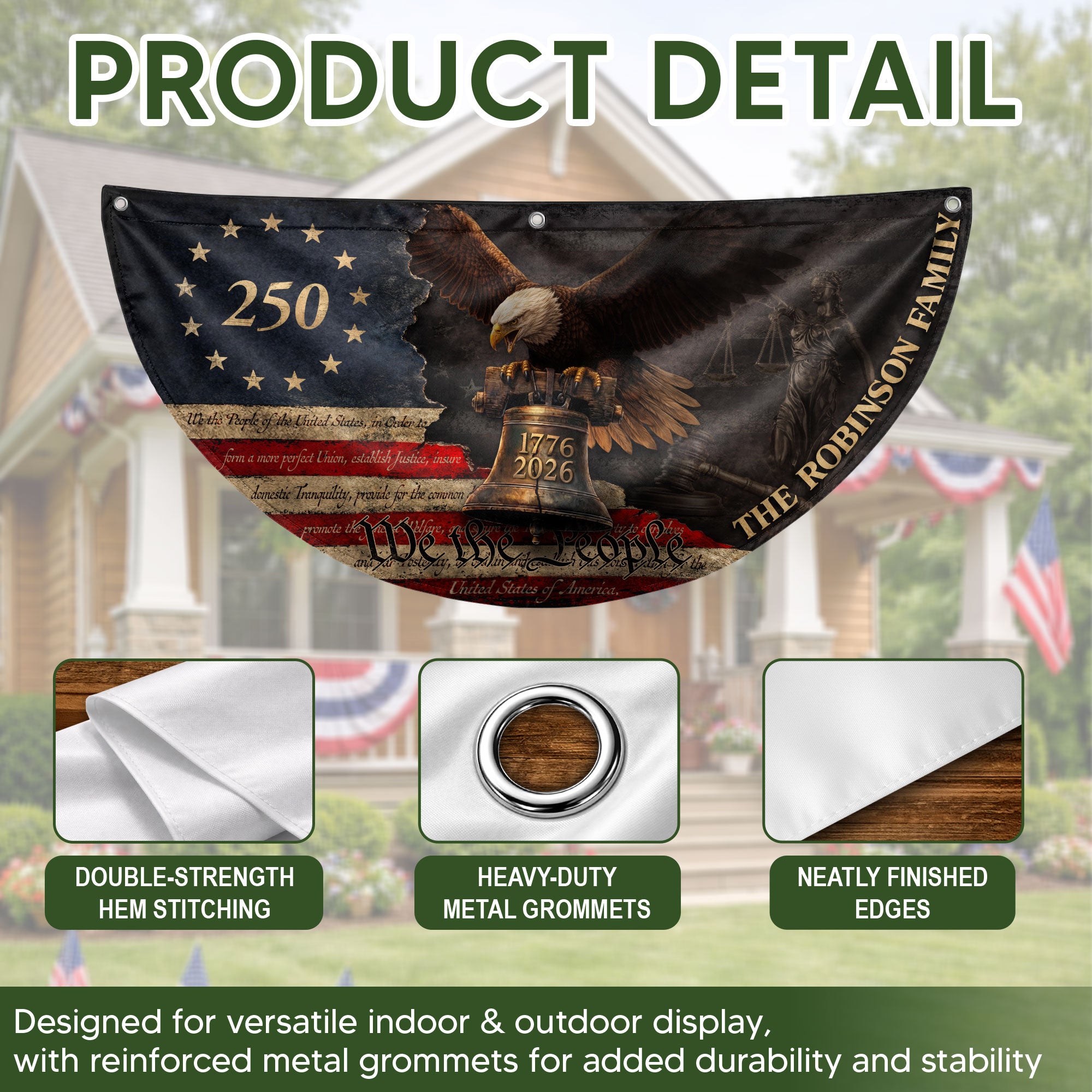 Distressed Eagle Liberty Bell Fence Flag Custom Family Name 250 Years Freedom 1776-2026 Patriotic Decor