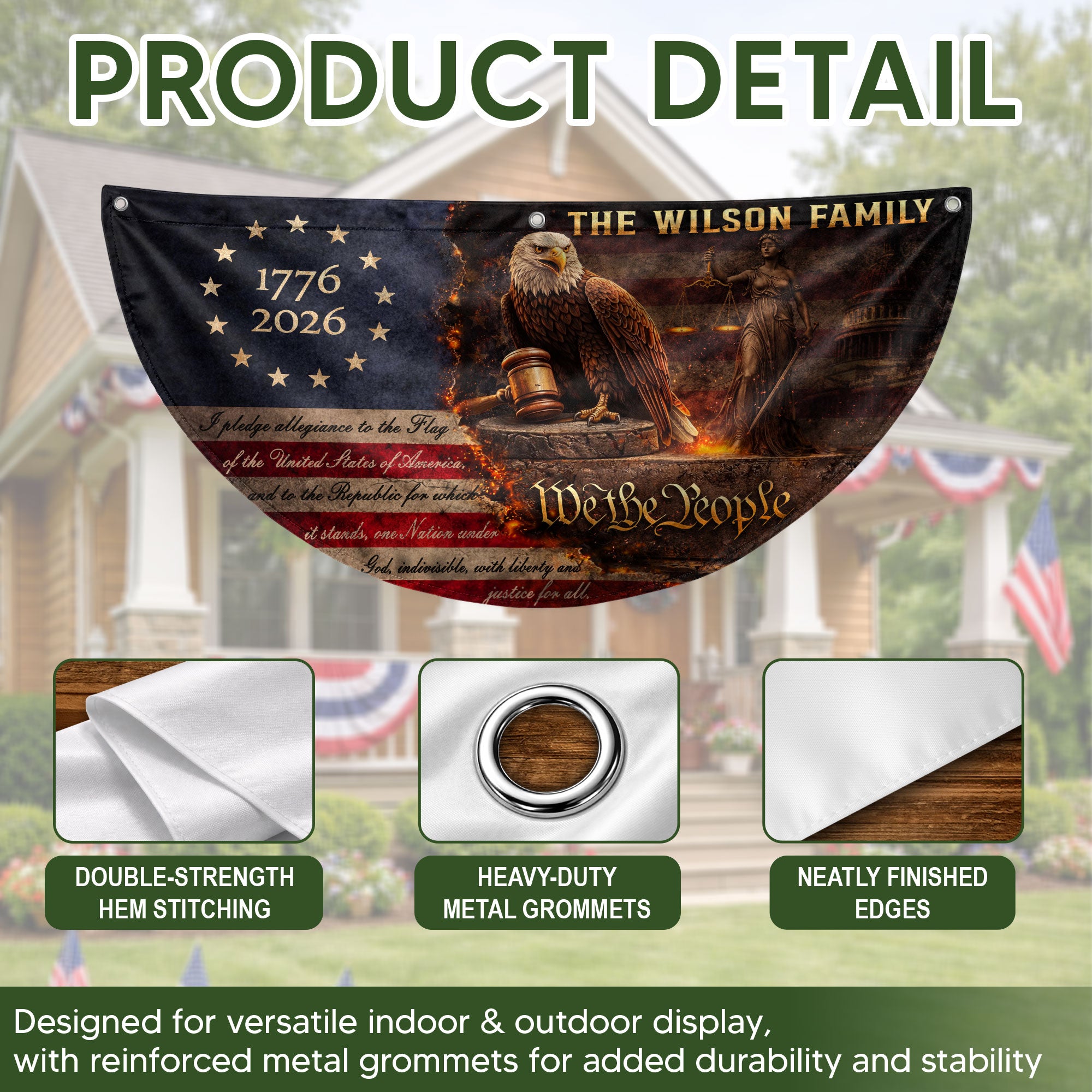 Justice Eagle Gavel Fence Flag Custom Family Name 250 Years Freedom 1776-2026 Patriotic Yard Decor