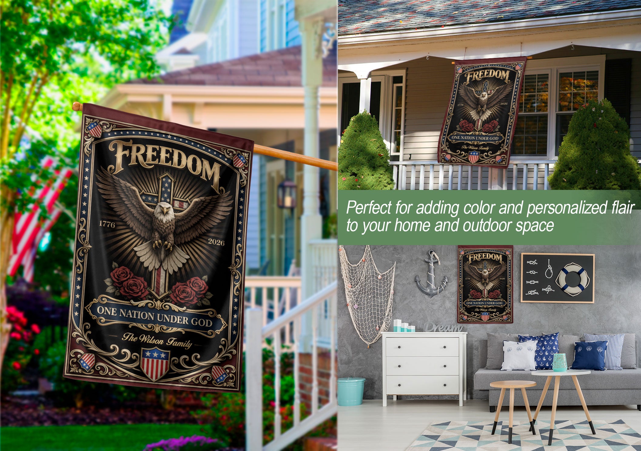 Custom Family Name Garden Flag 250 Years Patriotic Eagle Cross 1776–2026 Freedom Banner